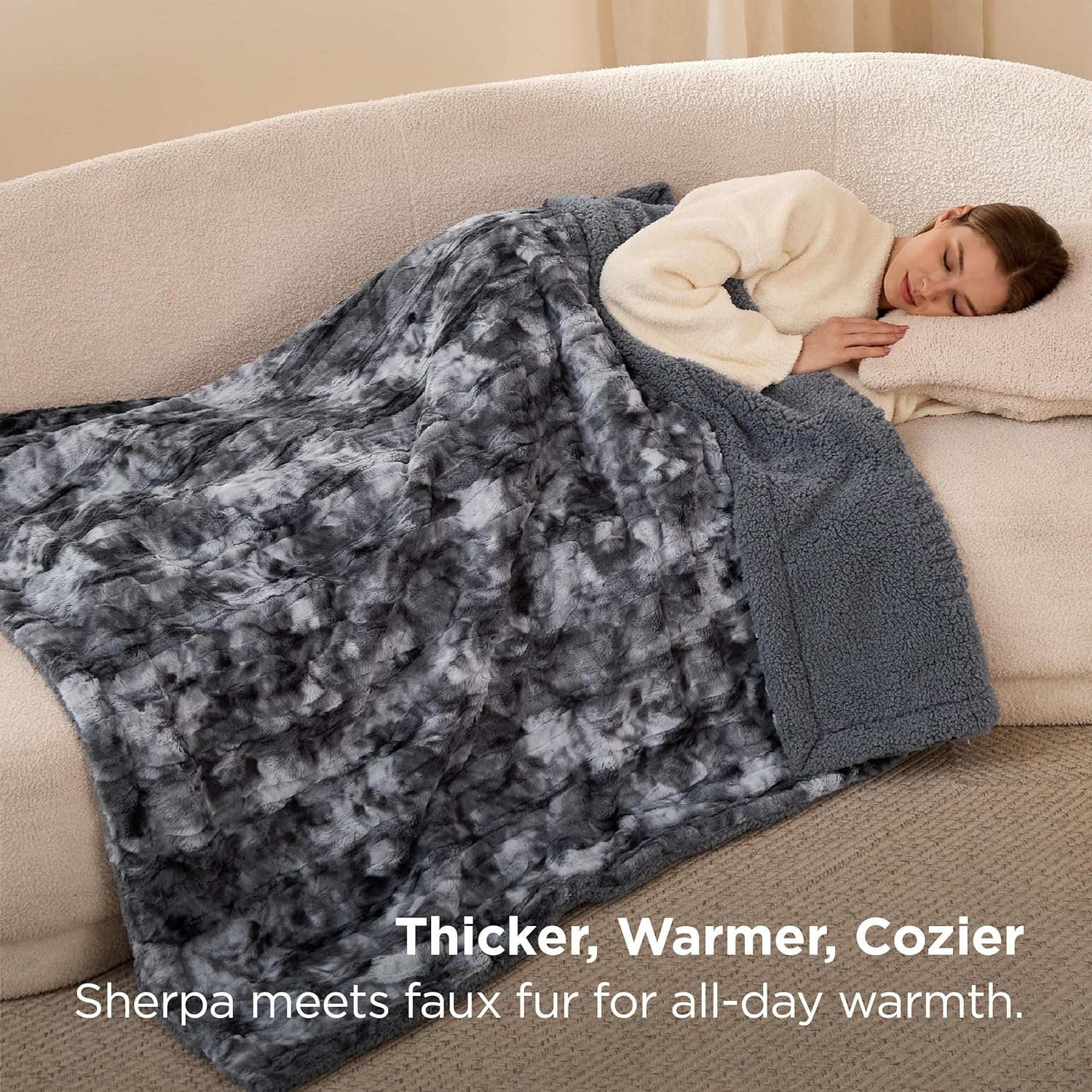Bedsure GentleSoft Sherpa Fluffy Throw Blanket - Fleece Warm and Cozy Throw for Women Gift, Plush & Fuzzy Faux Fur Blanket for Couch, Sofa, Bed Decor, Tie Dye Design, Grey, 50x60 Inches - Image 4