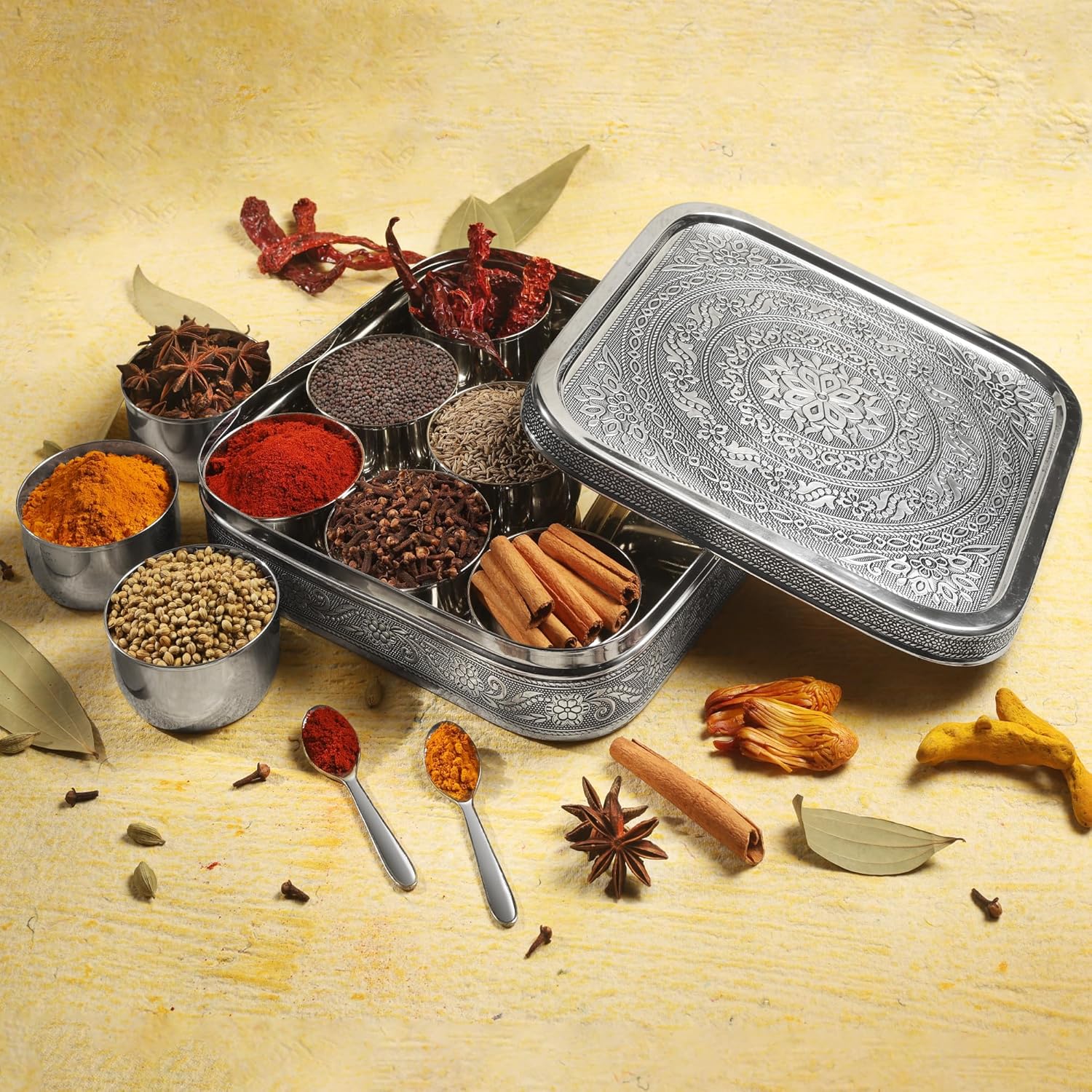 Designer Indian Spice Tin Stainless Steel Masala Dabba LARGE Curry Cooking Spice Tiffin Tin Box Kitchen Masala Container Spice Container 9 Compartments Storage Set