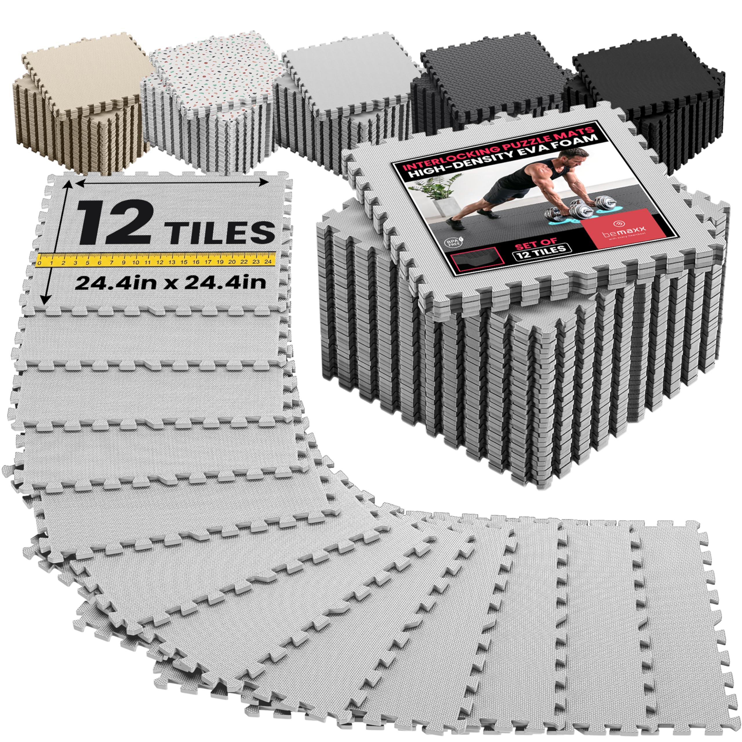 bemaxx Gym Mats Set - 12 pcs EVA Interlocking Foam Floor Tiles (24.4"x24.4"x0.4") 48 sqft Protective Gym Flooring Sports Home Workout Exercise Mats Puzzle Garage Fitness Play-Room Pool Treadmill Bike