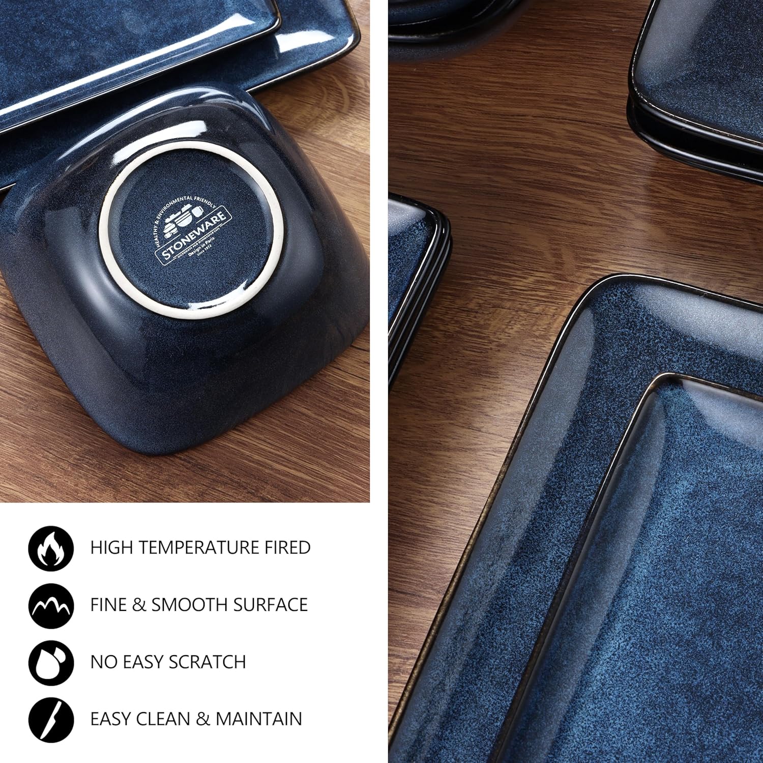 E-far Square Plates and Bowls Sets, 12-Piece Stoneware Dinnerware Sets for 4, Reactive Glaze Dish Set, Chip and Scratch Resistant, Microwave and Dishwasher Safe, Deep Sea Blue - Image 6