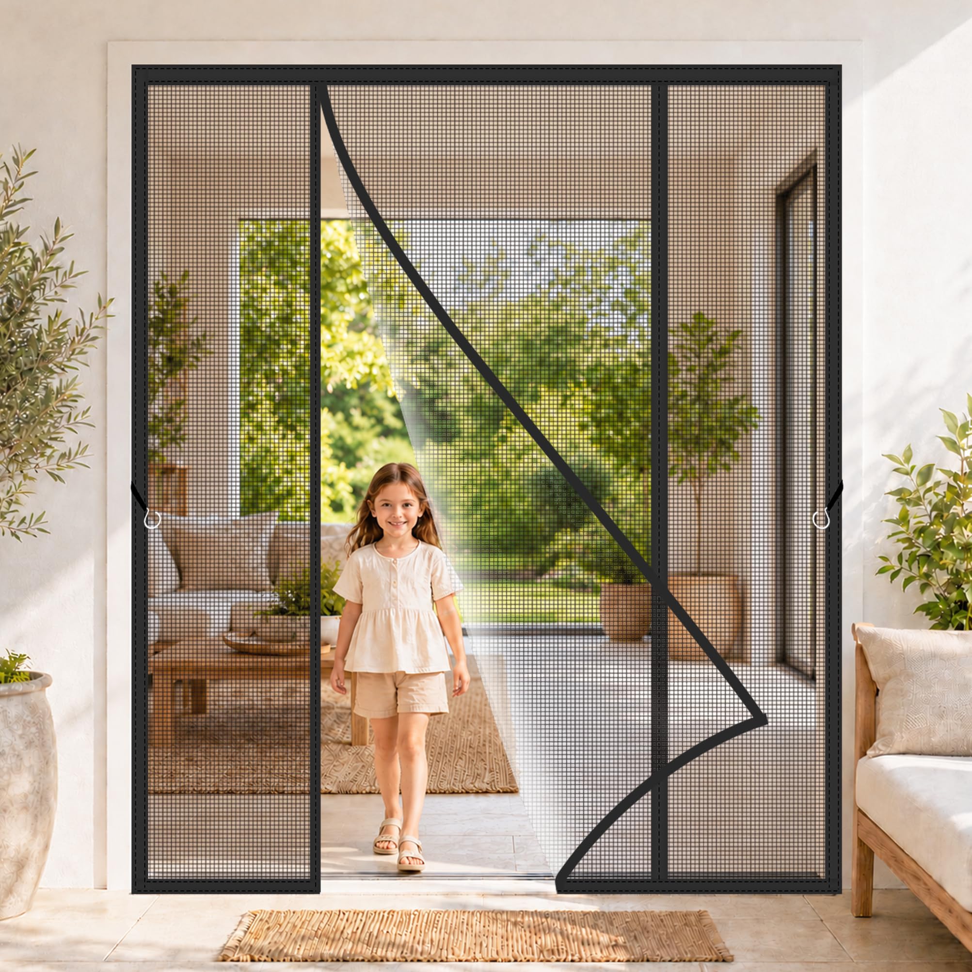 Fly Screens for French Doors Black 120x205cm Large Opening Mosquito Net Mesh Curtain Full Frame Hook and Loop Pets Friendly Ideal for Pet Owners & Families with Kids