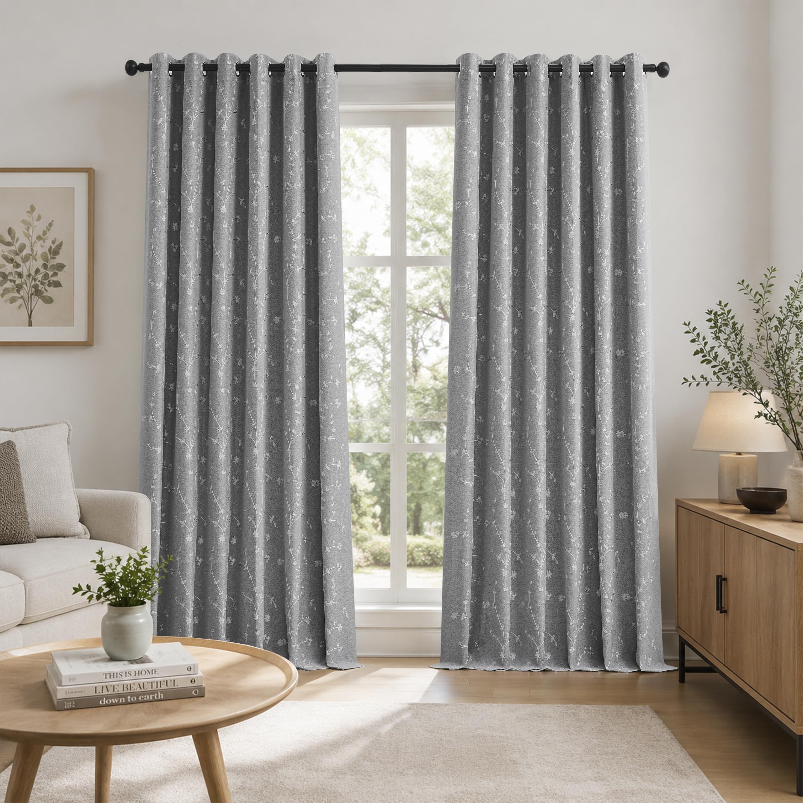 Bujasso Grey Embroidered Floral Blackout Curtains 90"x90" Grommet 2 Panels