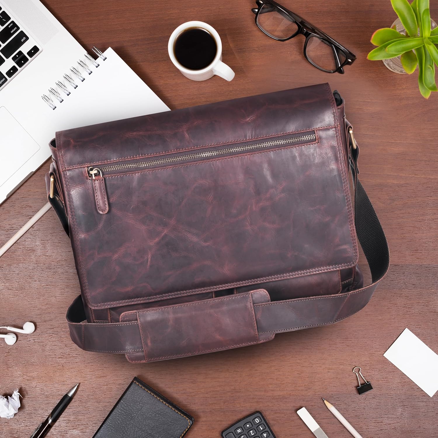 VALENCHI Real Genuine Leather 14" Laptop Messenger Bag/Briefcase For Men & Women (Brown Vintage LB04) - Image 2