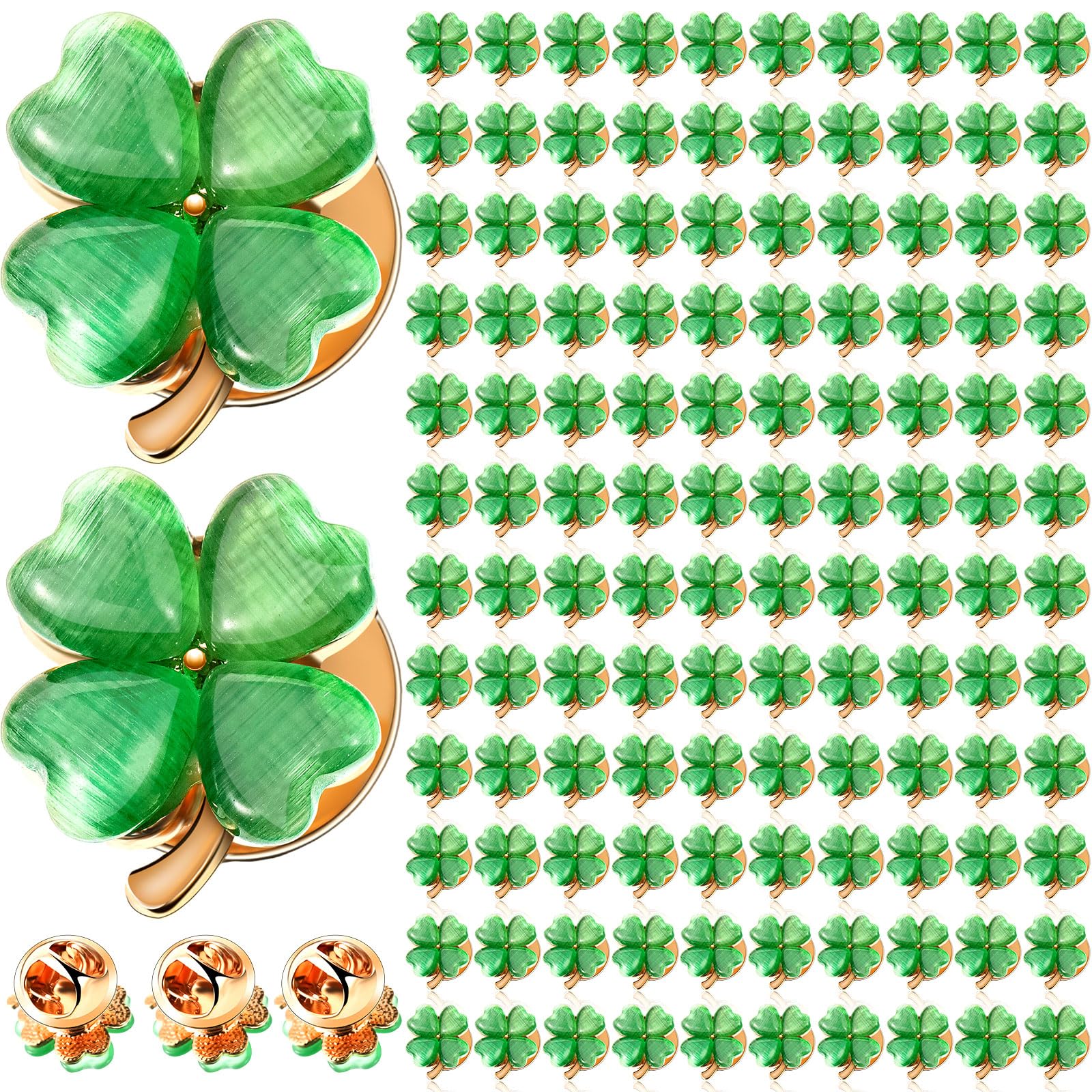 XunYee 120 Pcs St. Patrick's Day Lapel Pin Lucky Mini Green Clover Leaf Brooch Pin Irish Themed Metal Four Leaf Clover for Women and Men Gift