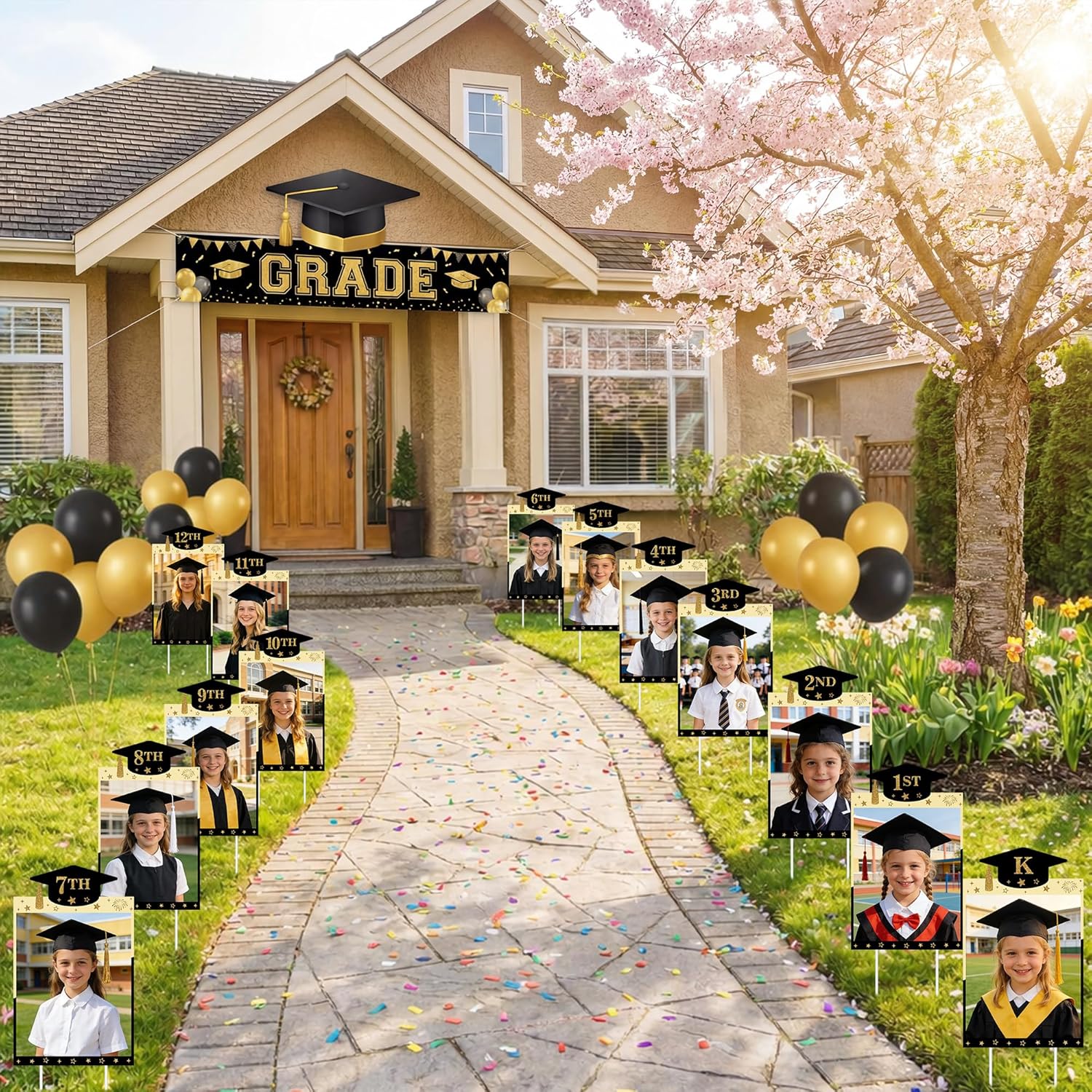 13 Pcs DIY Graduation Yard Signs, 13.8" x 8.3" K-12 Congrats Grad Photo Lawn Sign with Stakes, 2026 Graduation School Picture Display Sign Decor for Outdoor Patio Grad Party Supplies