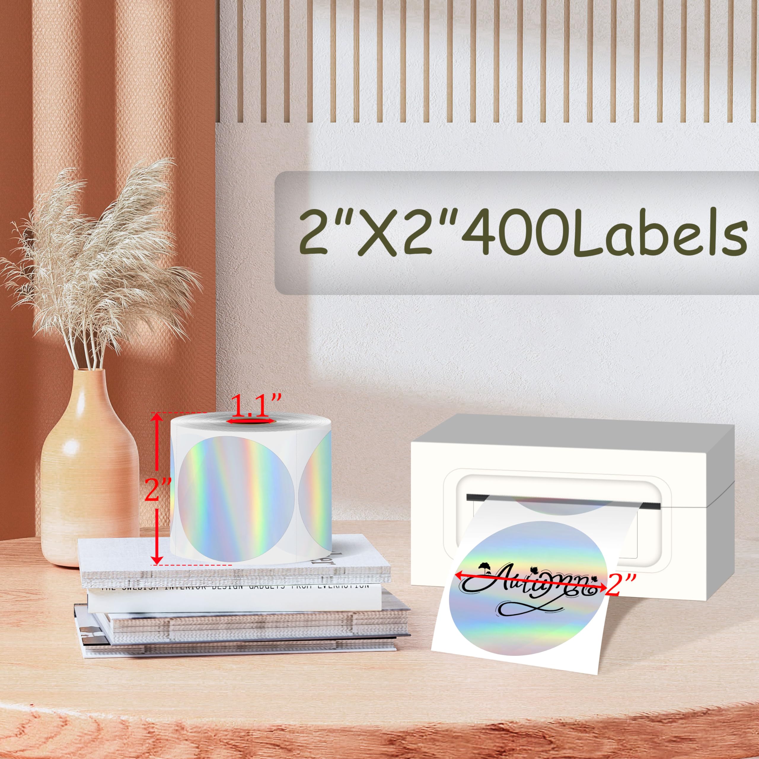 PARLAIM Etiquetas térmicas de 2 pulgadas, etiqueta térmica holográfica plateada, autoadhesivas, redondas, imprimibles, con purpurina de arco iris, etiquetas adhesivas para etiquetas de nombre, diseño