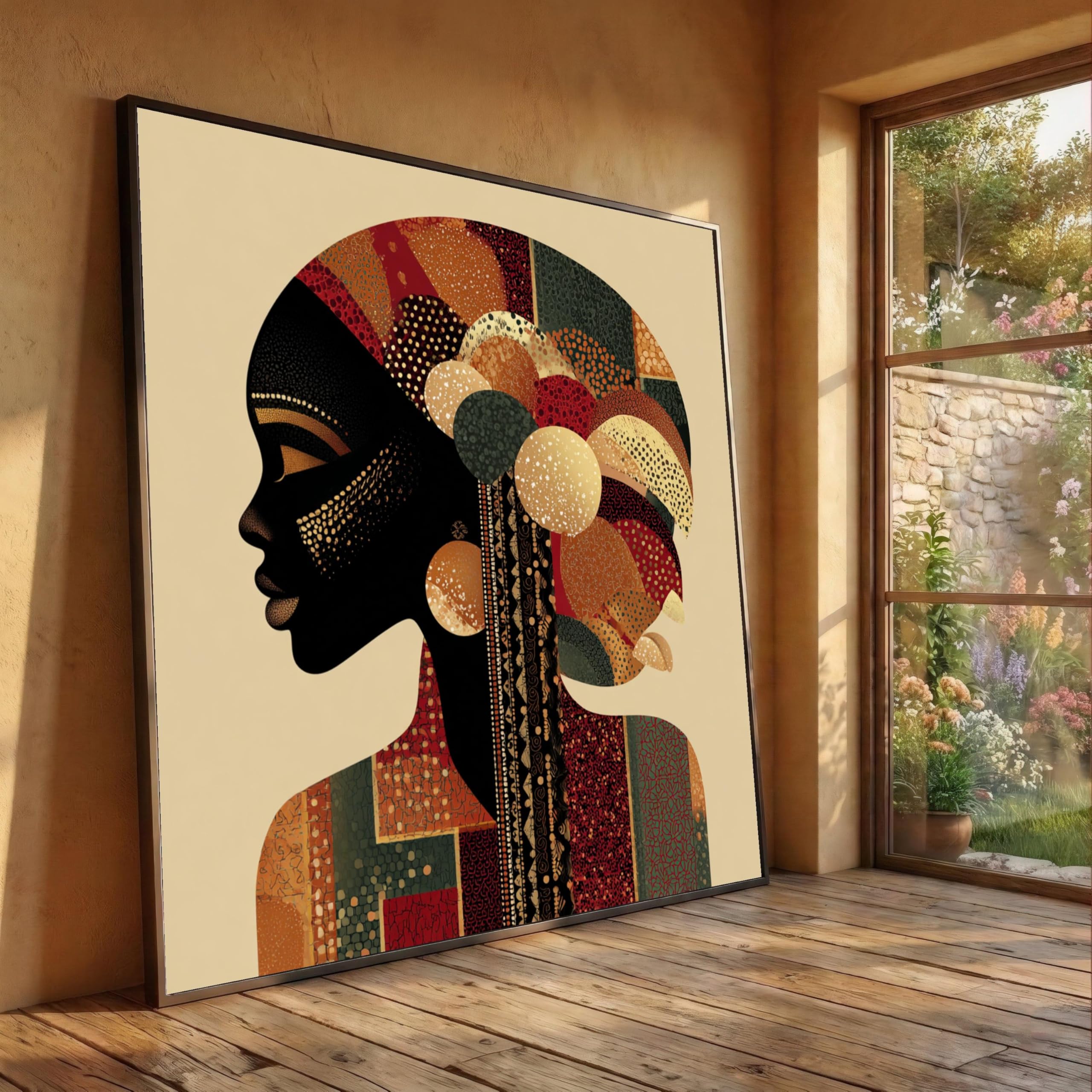TONGYINLI African Woman Silhouette Painting Art, Ethnic Headwrap Wall Art Picture, Abstract Cultural Canvas Print, Boho Home Decor(55x55cm/Frameless)