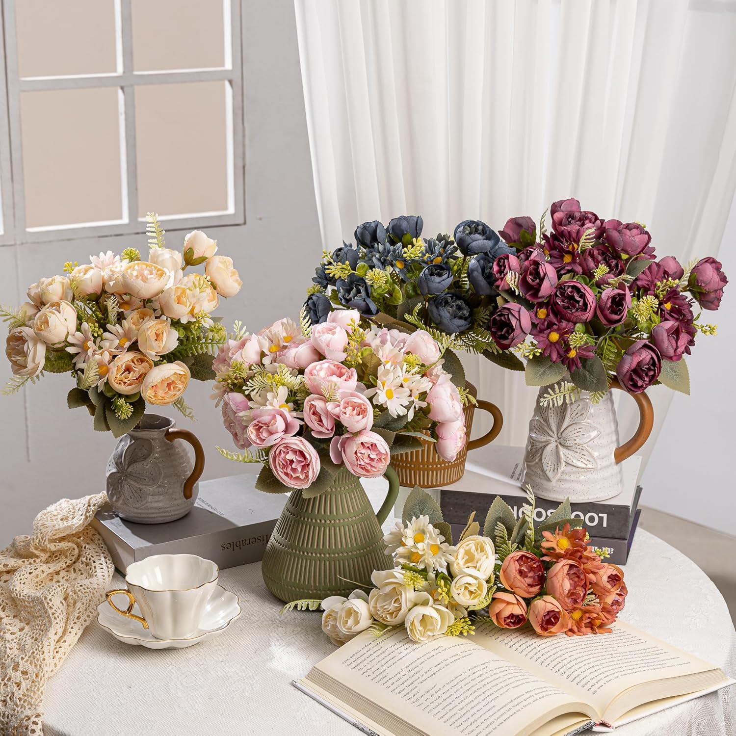 Artificial Peonies Flowers,Fake Peony Silk Chrysanthemum Flower Bouquet 4 Bundles Plastic Florals Bulk Arrangements for Vase Wedding Decoration(Champagne)