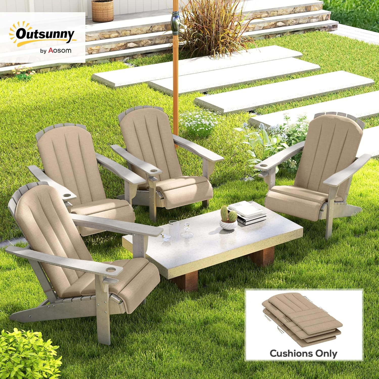 Outsunny Adirondack Chair Cushion Set of 4, Outdoor Chair Cushions with Ties, 25D High-Density Foam, High Back Patio Chair Cushions, Fade Resistant for Patio Furniture, 49" x 20" x 2", Beige