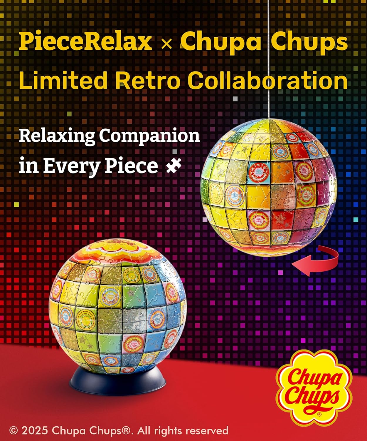 Chupa Chups X PieceRelax 3D Puzzle Ball 6-inch 240 Pieces - Timeless Memories - Chupa Disco Unique Gift & Home Décor with Curved Plastic Puzzle Pieces [A3905]