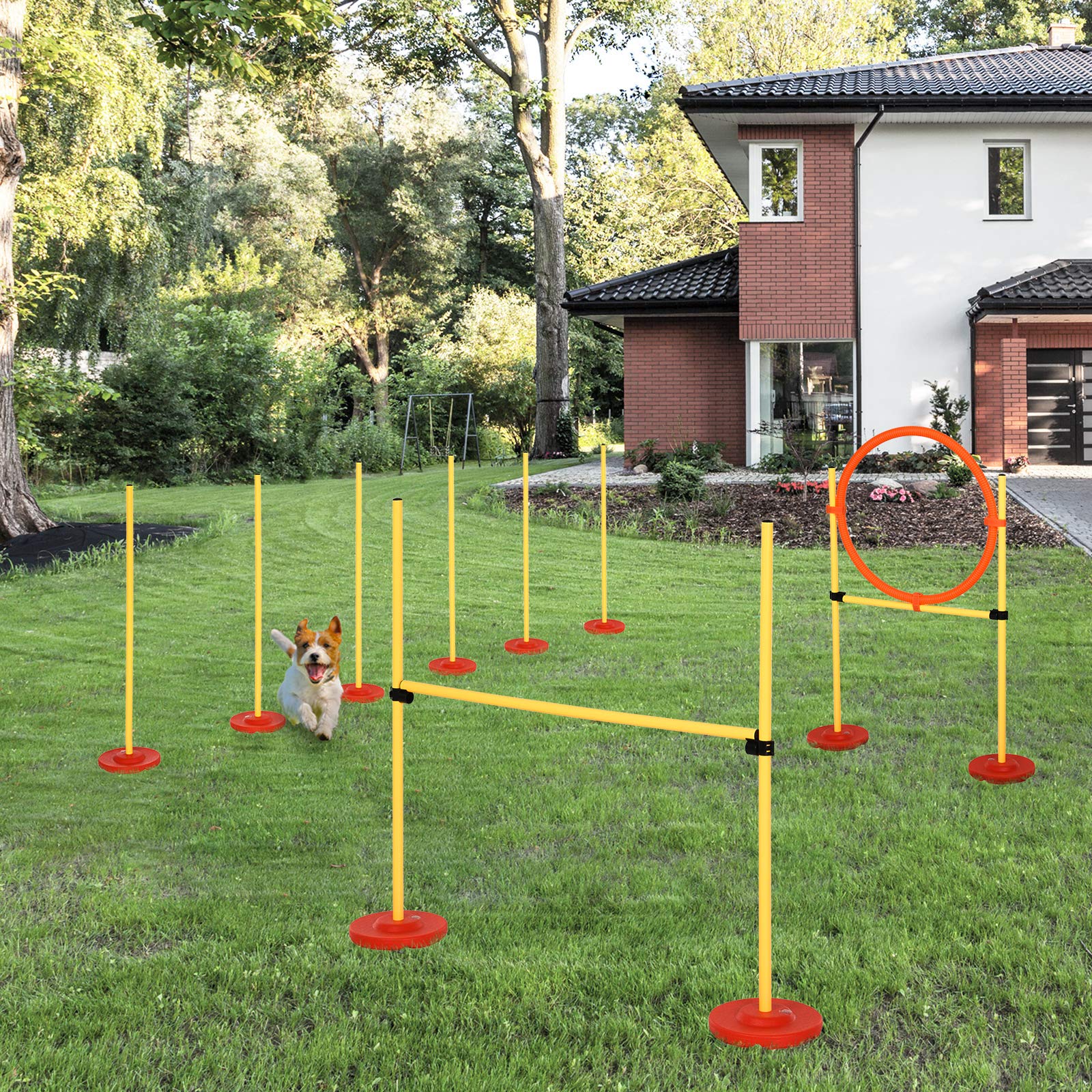 PawHut Agility Set Hunde 3-Teiliges Agility-Ausrüstung für Hundetraining | Steckhürdenset, 6 Slalomstangen, Höhenverstellbare Hürden, Sprungreifen, Tragetasche, Spiele, Training