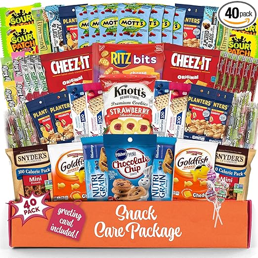 Snack Box Variety Pack (40 Count) Candy Gift Basket - College Student Care Package, Prime Food Arrangement Chips, Cookies, Bar's - Easter, Birthday Treat for Women, Men, Adults, Teens, Kids