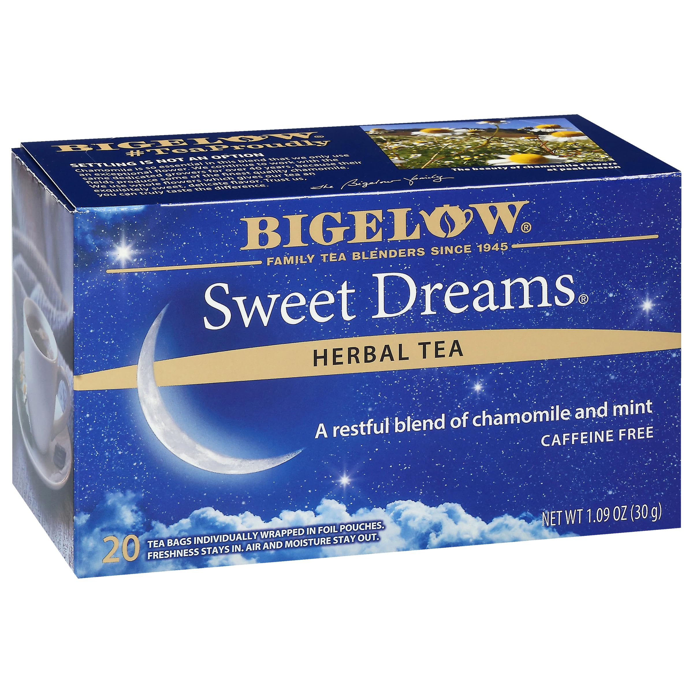 6 Pack Té Bigelow Sweet Dreams, Té Dulces Sueños, Mezcla de Manzanilla, Menta, Hojas de Rosas, Hierbabuena, Especias y Flores de Azhar.