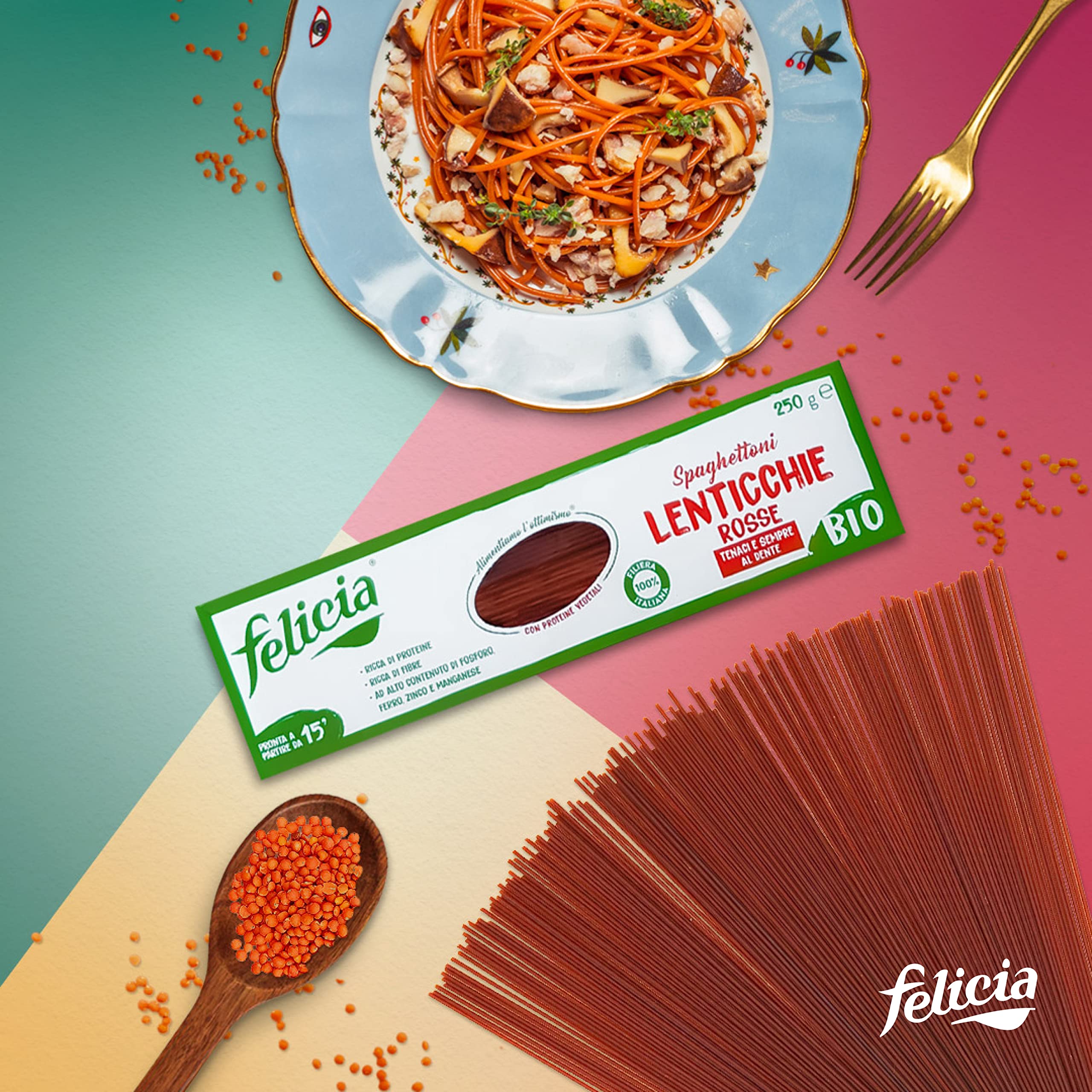 Felicia, Spaghettoni di Lenticchie Rosse, Pasta di Legumi Naturale e Biologica, Ricca Fonte di Fibre, di Proteine Vegetali e di Sali Minerali, Senza Glutine, Box da 18 Confezioni