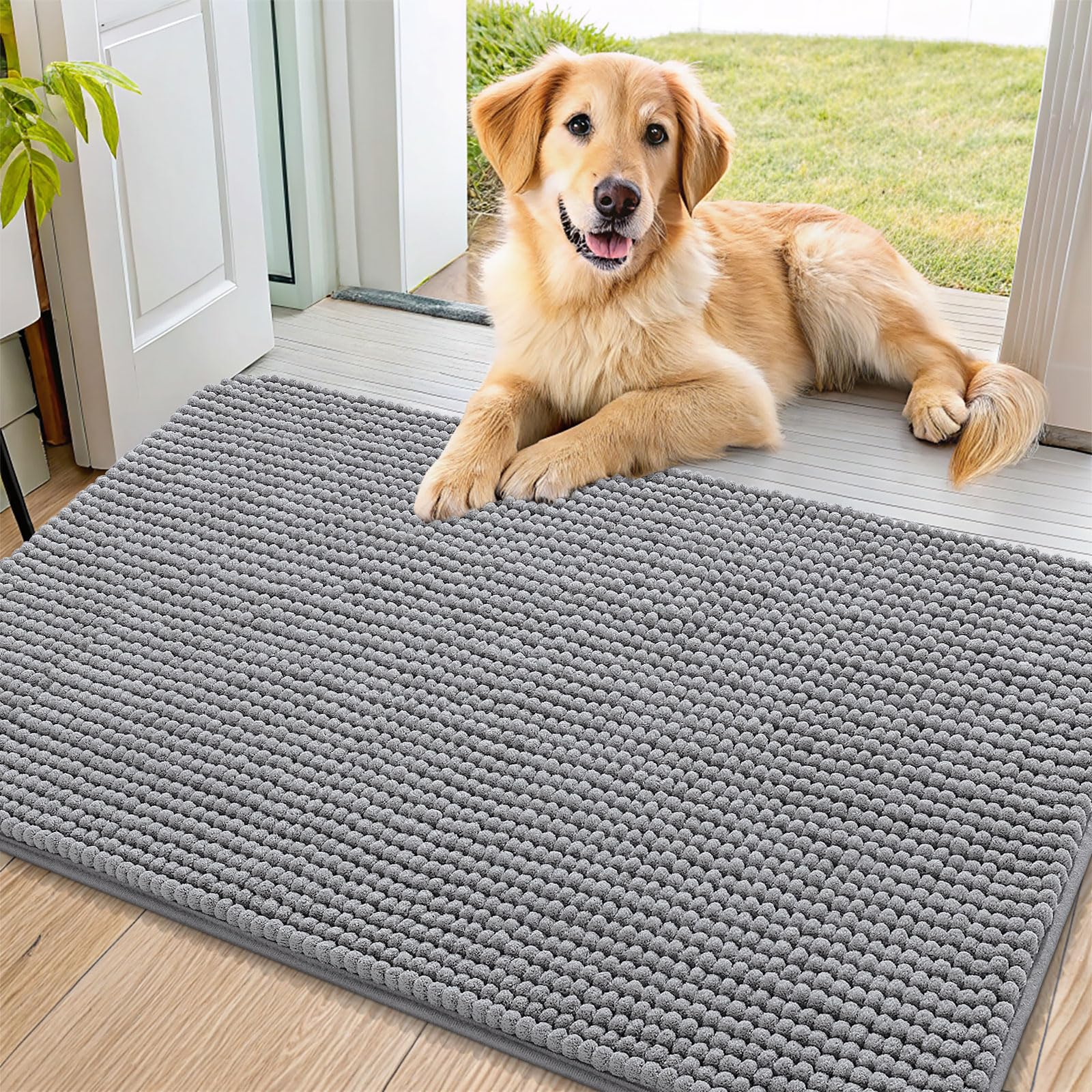 Smiry Muddy Paws용 강아지 도어 매트, 91.4 x 61cm(36 x 24인치), 로우 프로파일 도어 매트, 흡수성 먼지 트래퍼 미끄럼 방지 세탁 가능한 앞문 러그, 실내 입구 실내용, 그레이