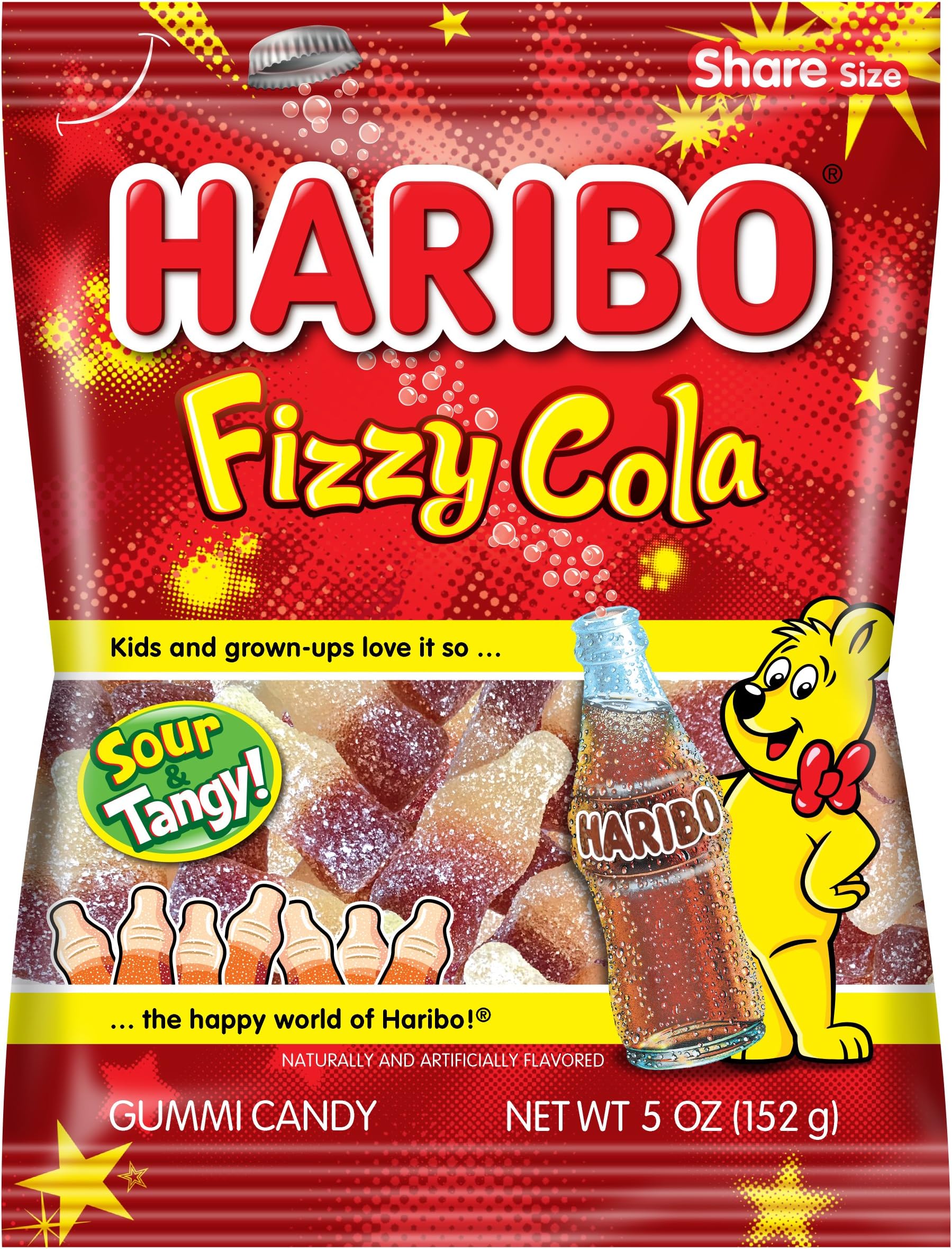 HARIBO Gummi Candy, Fizzy-Cola Gummy Candy Soda Bottles, 5 Ounce Share Size Bags (Pack of 12) Delicious Soft & Chewy Sweet Snacks, Sour & Tangy Cola Flavor
