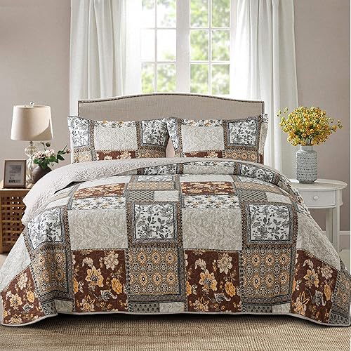 NEWLAKE Cotton Bedspread Quilt Sets-Reversible Patchwork Coverlet Set, Chic Floral Paisley Pattern, Queen Size