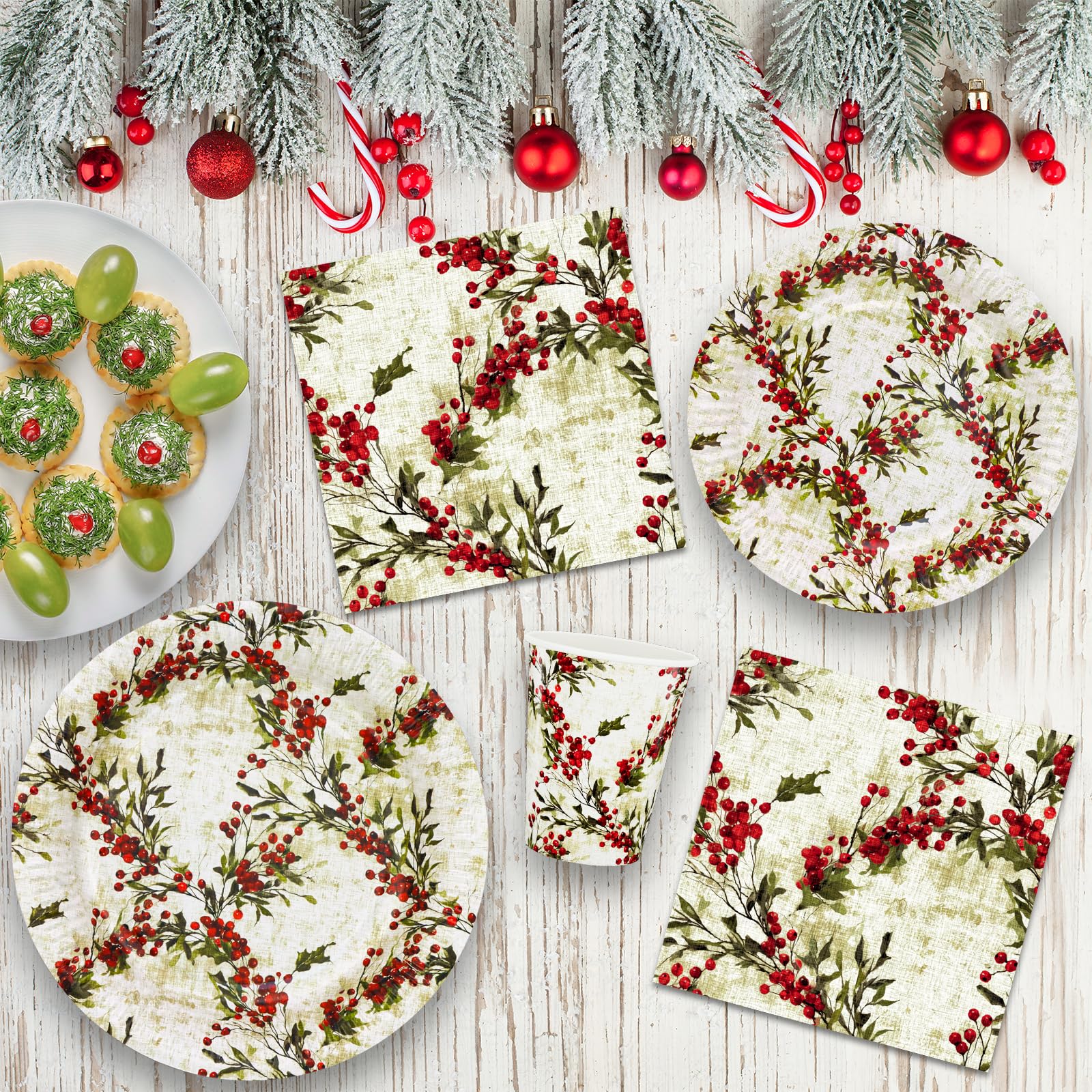 96 Pezzi Piatti, Tovaglioli e Bicchieri di carta Natale, Bacche Piatti di carta da dessert usa e getta Set di Stoviglie monouso per feste