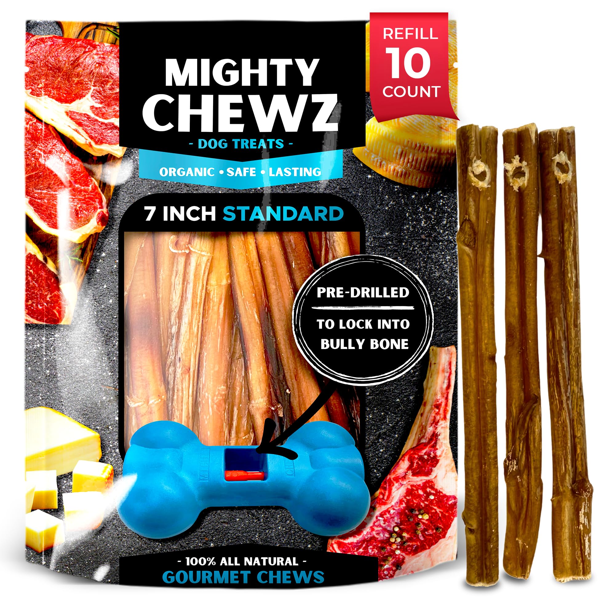 MIGHTY CHEWZ 7" Standard Bully Sticks 10 Pack Refill - No Choking/All Natural Pizzle Sticks