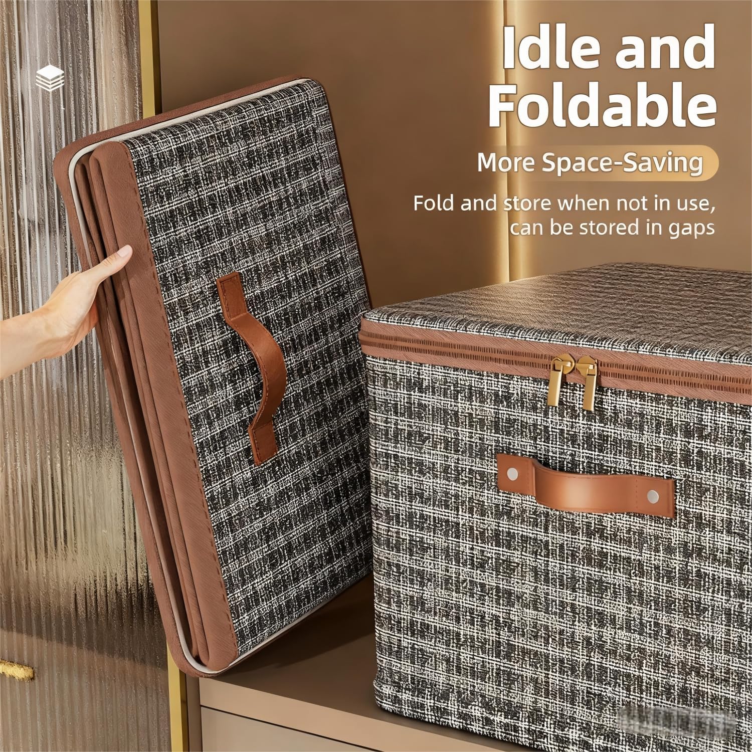 4 Pack 59.2 Quart Fabric Storage Bins with Lid, 19.3x14.6x12.2 in Stackable Closet Organizer Baskets, Foldable Polyester Cube Storage with Handles, Decorative Organizer Boxes for Shelves, Grey