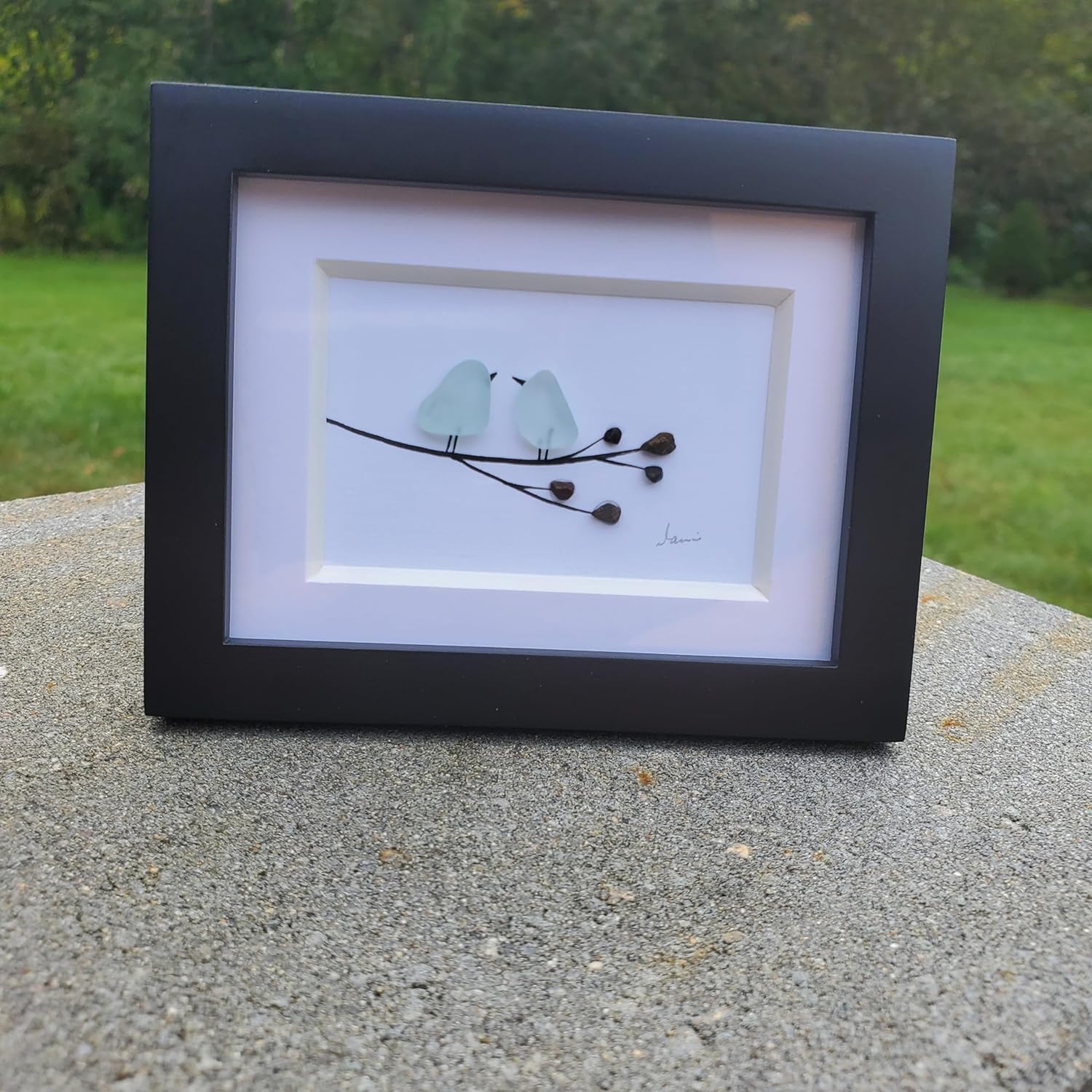 SEA GLASS birds on branch with pebbles mini framed desk art
