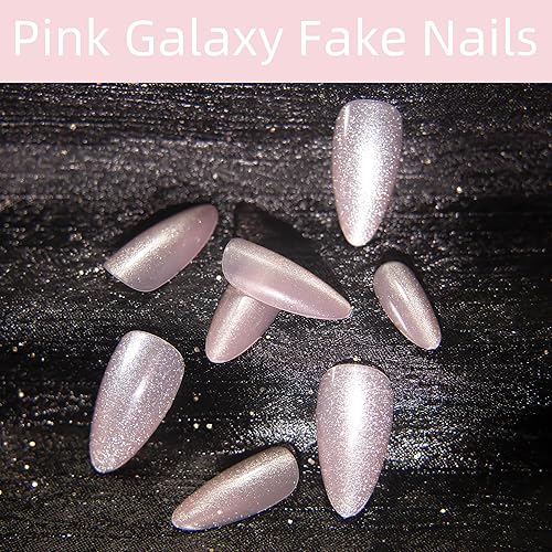 Miniatura 3 de Kuiini Mov Uñas postizas a presión, ojos de gato, uñas con pegamento, kit de uñas de gel de 24 piezas de uñas postizas a presión con galaxia rosa,