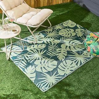 Outdoor Rug Palm Print, Garden Mats Outdoor Waterproof Foldable Non Slip Large Rug Reversible UV Decking Tiles Patio Carpet for Lawn Poolside Porch Picnic Camping, Green - 160 x 230cm