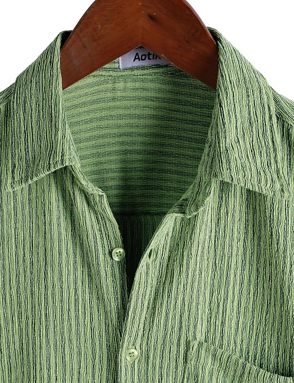 AOTIK Mens Casual Button Down Short Sleeve Striped Beach Shirt L Green by AOTIK - Used condition - Image 2