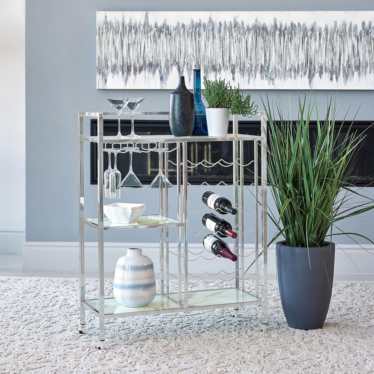 Coaster Home Furnishings - Derion - 3-Tier Metal & Glass Bar Cart with Wheels - Wine Rack, Stemware Rack Shelf - Patterned Glass Shelves - Contemporary - Dining Room and Kitchen - Chrome - 181370