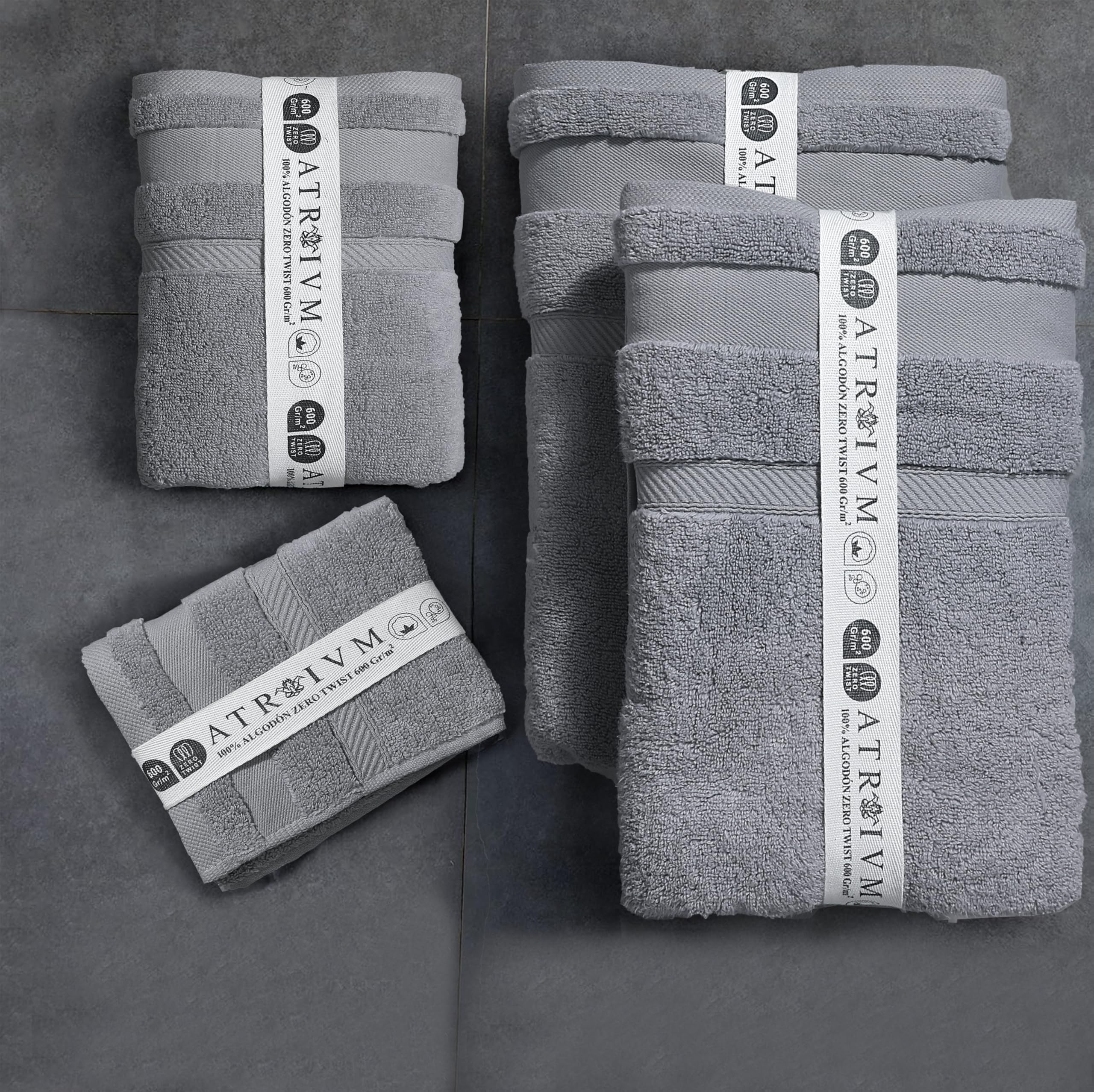 ATRIVM - Juego Toallas de Baño 4 Piezas 100% Algodón Zero Twist | Muy Suaves y Absorbentes de 600gr/m² | Incluye 2 Lavabo (50x100cm) + 2 Ducha (70x140cm) | (Gris Plata)