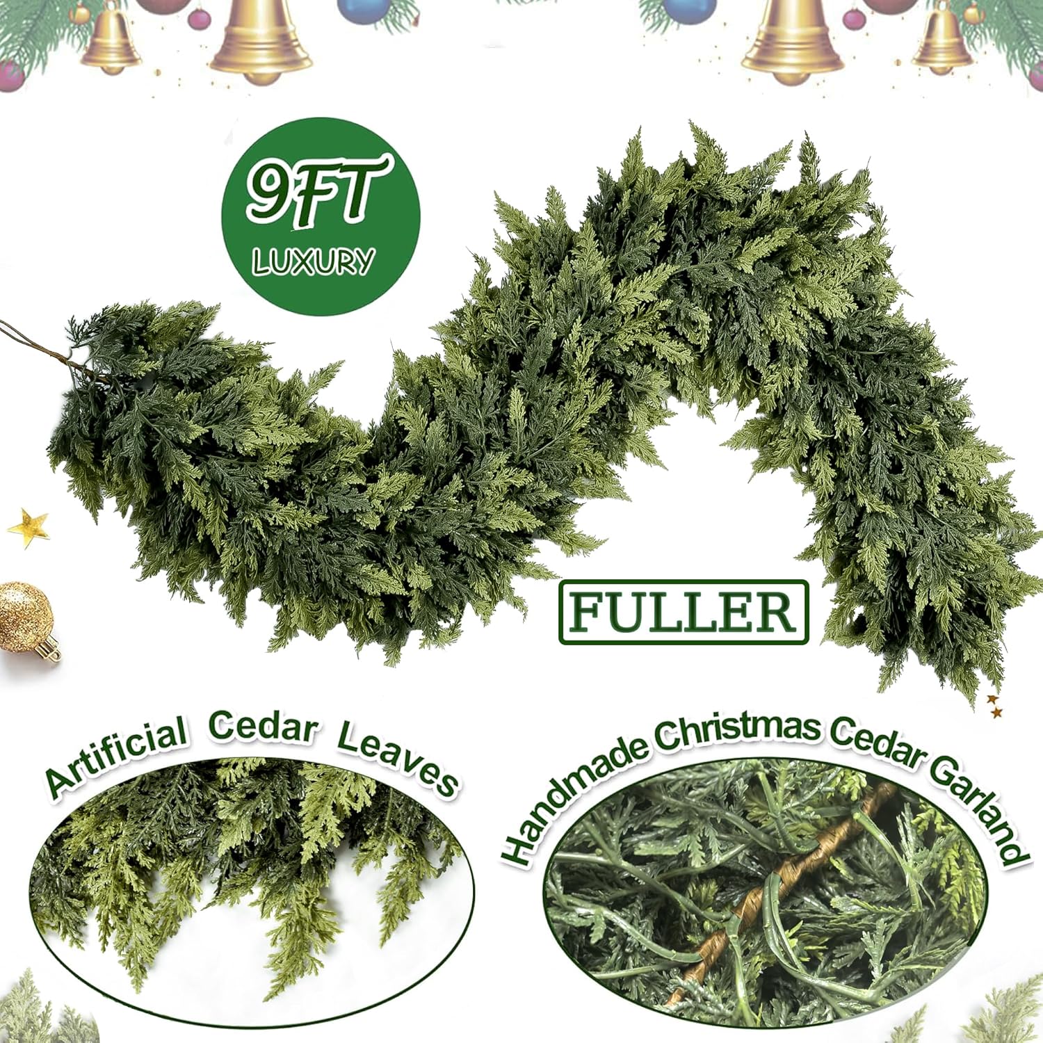9Ft Extra Full Christmas Garland Real Touch Delux Cedar Garland Christmas Decorations Lush Realisticc Pine Garlands for Mantle, Table, Stairs, Railing, Fireplace Indoor Outdoor Holiday Xmas Decor 9FT 1