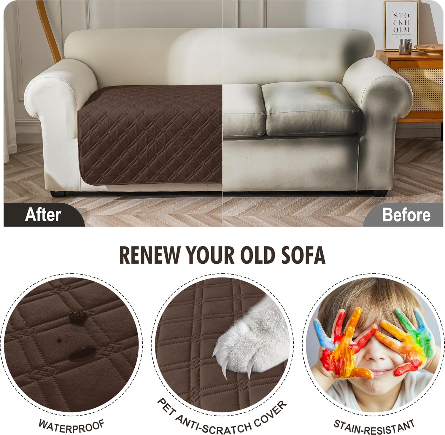 Genina Waterproof Couch Cover, Washable Anti-Slip 51 inch Loveseat Sofa Covers with 2 Cushions, Sectional Couch Covers for Pets Friendly, Sofa Slipcovers for Dogs Cats, (51inch/Chololate)