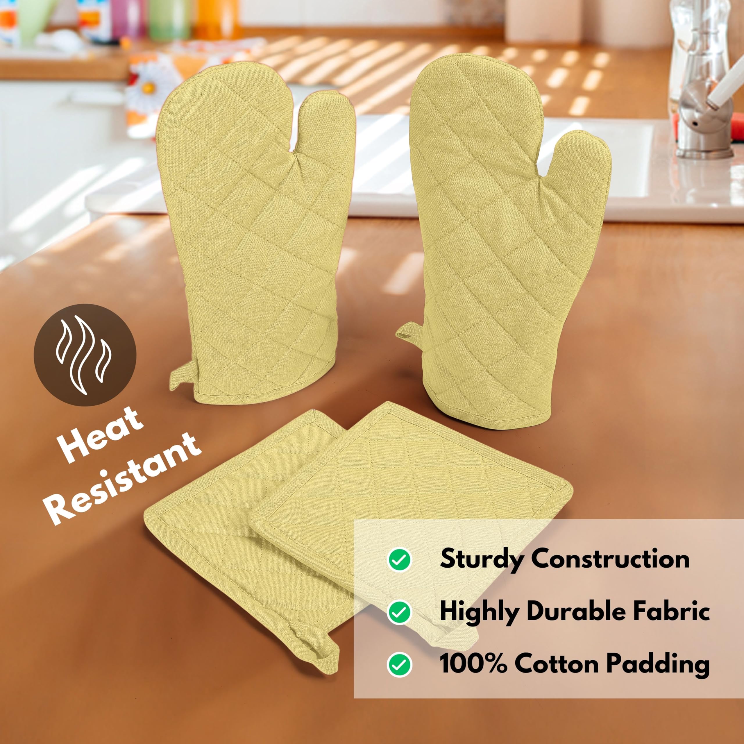 Native Fab Juego de 4 piezas: 2 manoplas de horno y 2 agarraderas, resistentes al calor, 100% algodón, diseño acolchado, agarre antideslizante, lavable a máquina, ideal para hornear, cocinar,