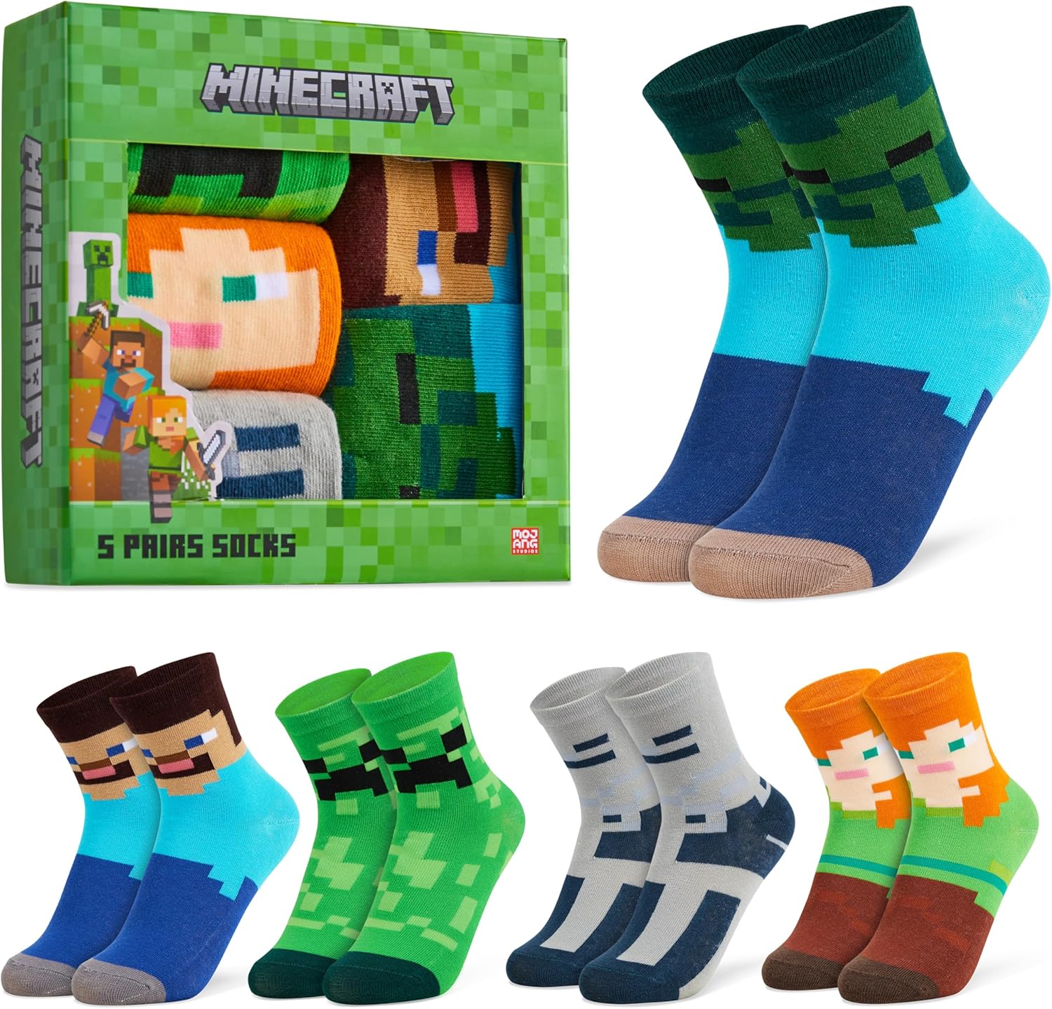 Minecraft Boys Calf Length Socks, Size 6–14 Yrs, 3 or 5 Pack Soft Cozy Sports School Creeper Socks, Gamer Gifts for Boys