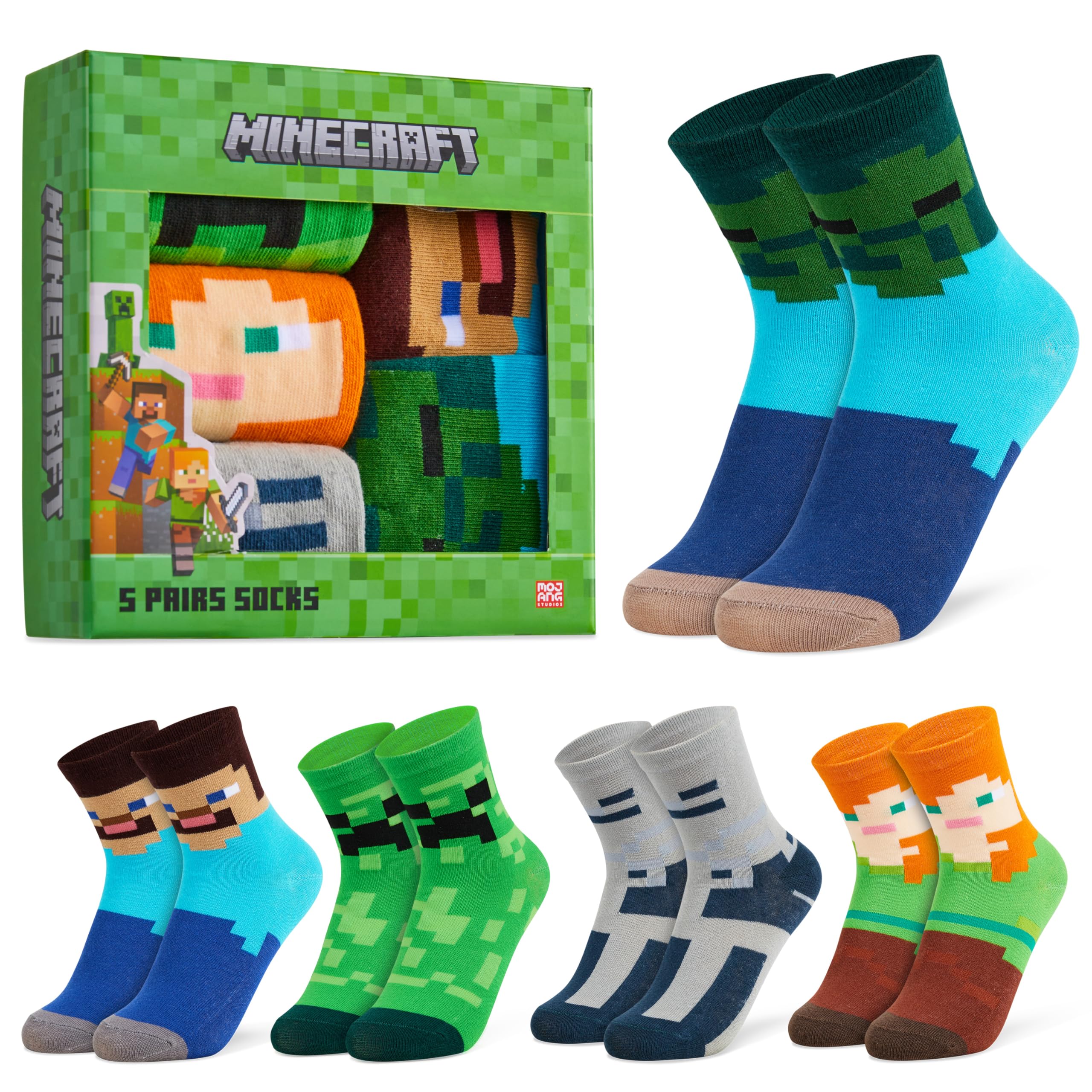 Minecraft Boys Green Square - 5 Pack Calf Length Socks, Soft Breathable Creeper Everyday Sports School Socks Multipack - Gifts For Gamers (Green Square/5 Pack, 3.5/6.5 Uk, 9-14 Years)