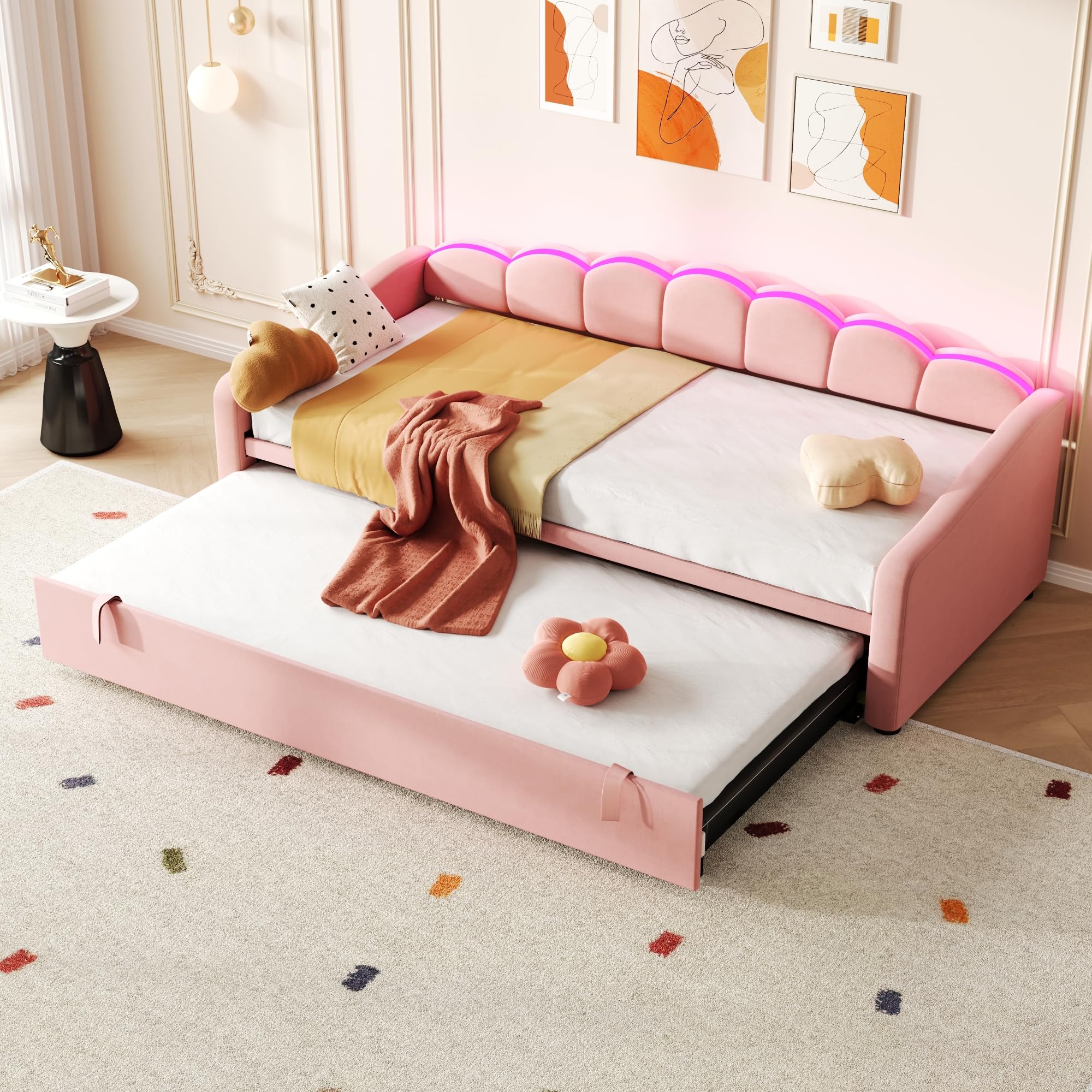 BTM Upholstered Daybed 3ft-90x190cm, Sofa Bed with RGB LED Lighting, Petal Shape Single Bed with Trundle, Pull out Trundle Bed for Living Room/Bedroom, Velvet, Pink (No Mattress)