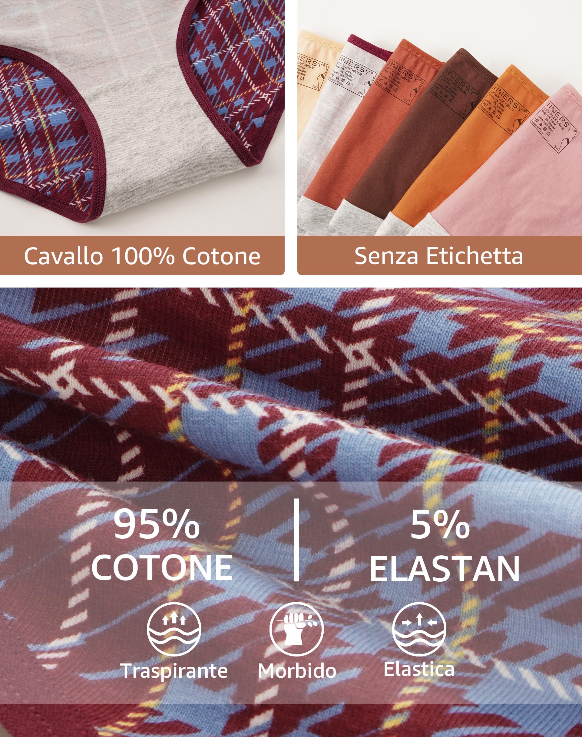 INNERSY Mutande Donna Cotone Vita Media Comode Slip Elasticizzato Intimo di Base Pacco da 6