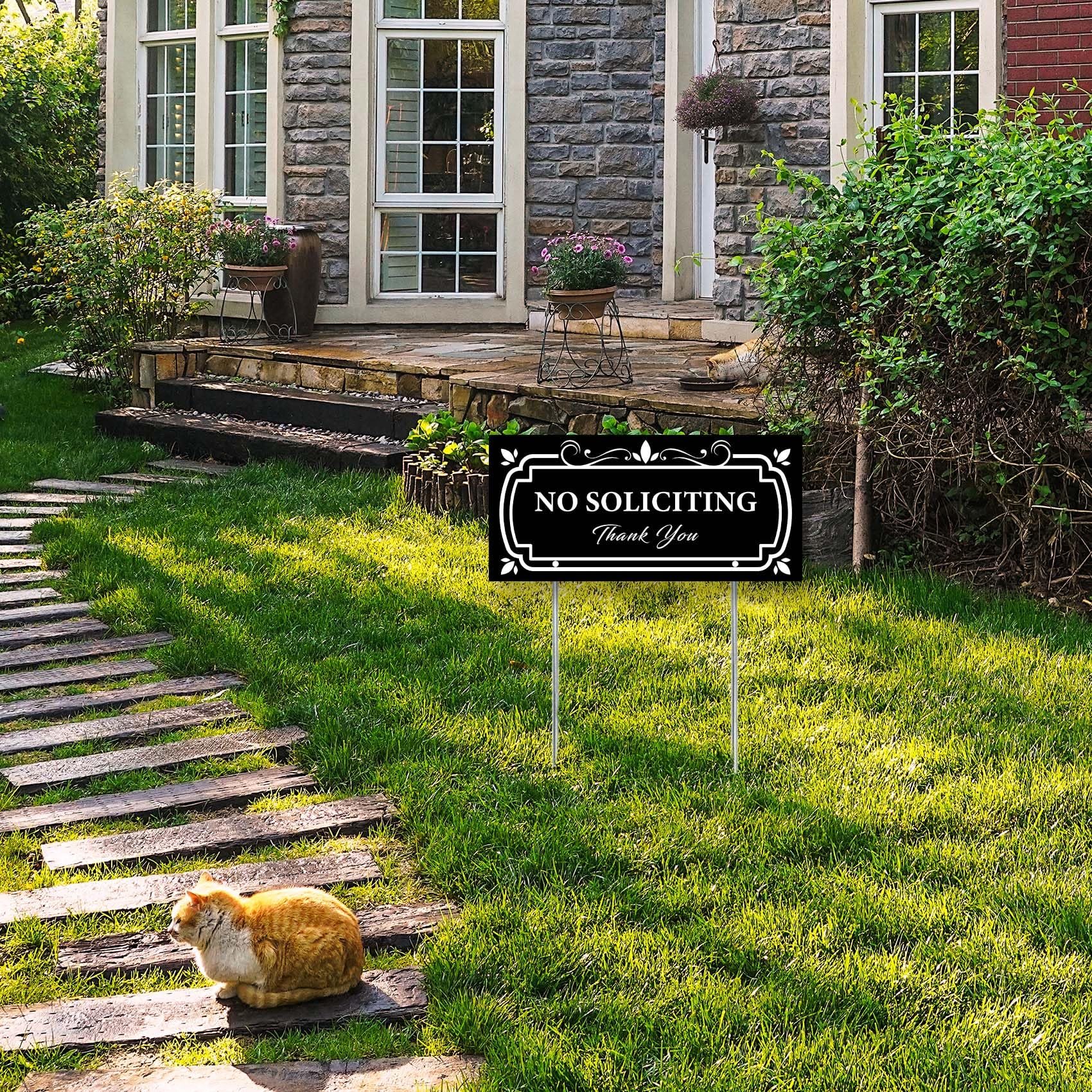 „No Soliciting“ Schild Für Zuhause – 14x30 Cm, Aluminium, Mit Metallpfählen | Abweisungsschild Für Garten & Haustür