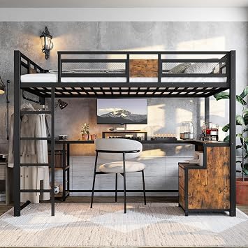 Twin XL Size Loft Bed with Stairs, Heavy-Duty Twin Loft Beds with Desk, Metal Bed Frame with Storage, No Box Spring Required, Space Saving for Teens Adults Kids, Bedroom, Apartment, Black
