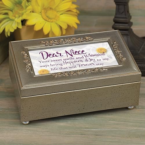 Miniatura 6 de Cottage Garden Caja de música pequeña con diseño de rosa en relieve en tono plateado con texto en relieve de sobrina Sweet Smile Bring Joy Plays You