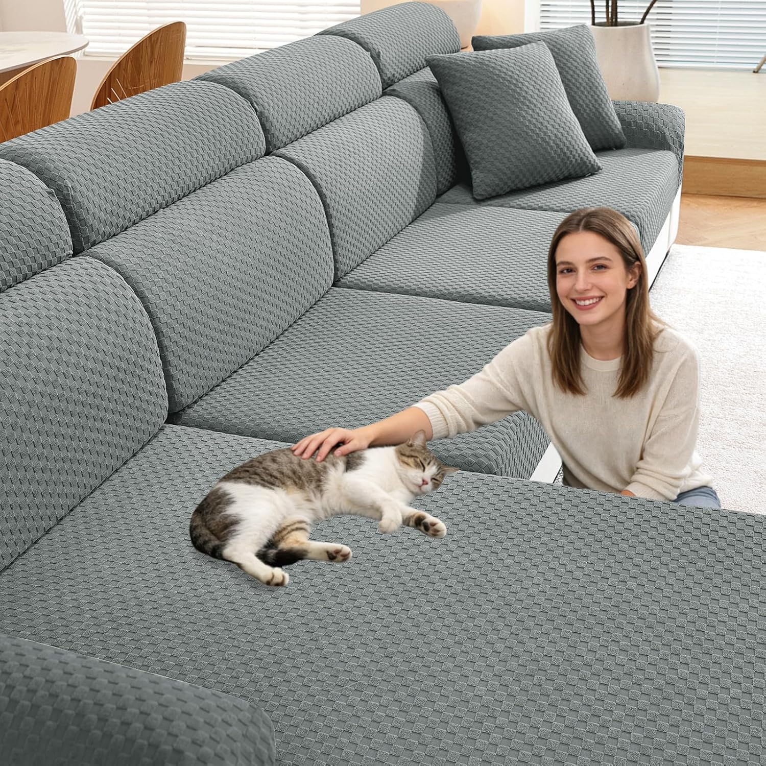 YEMYHOM Couch Cushion Covers for Sofa, Stretch Sectional Couch Seat Cushion Covers Washable Thick Furniture Protector Sofa Slipcovers for Pets (2 Seater + 1 Chaise, Dark Coffee)