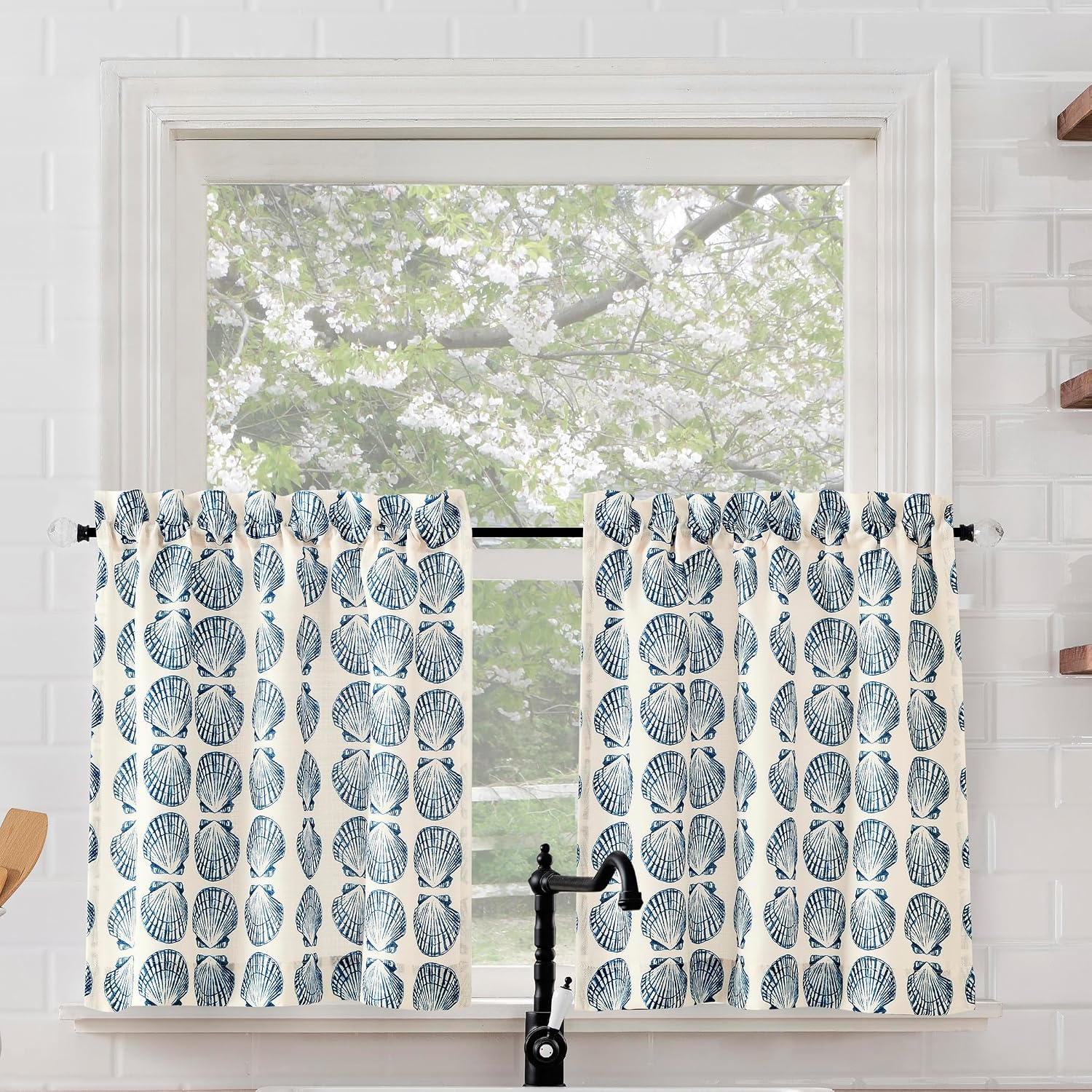 No. 918 Miramar 2-Pack Tonal Seashell Print Semi-Sheer Rod Pocket Kitchen Curtain Tier Pair, White, 54" W x 24" L (2 Panels)
