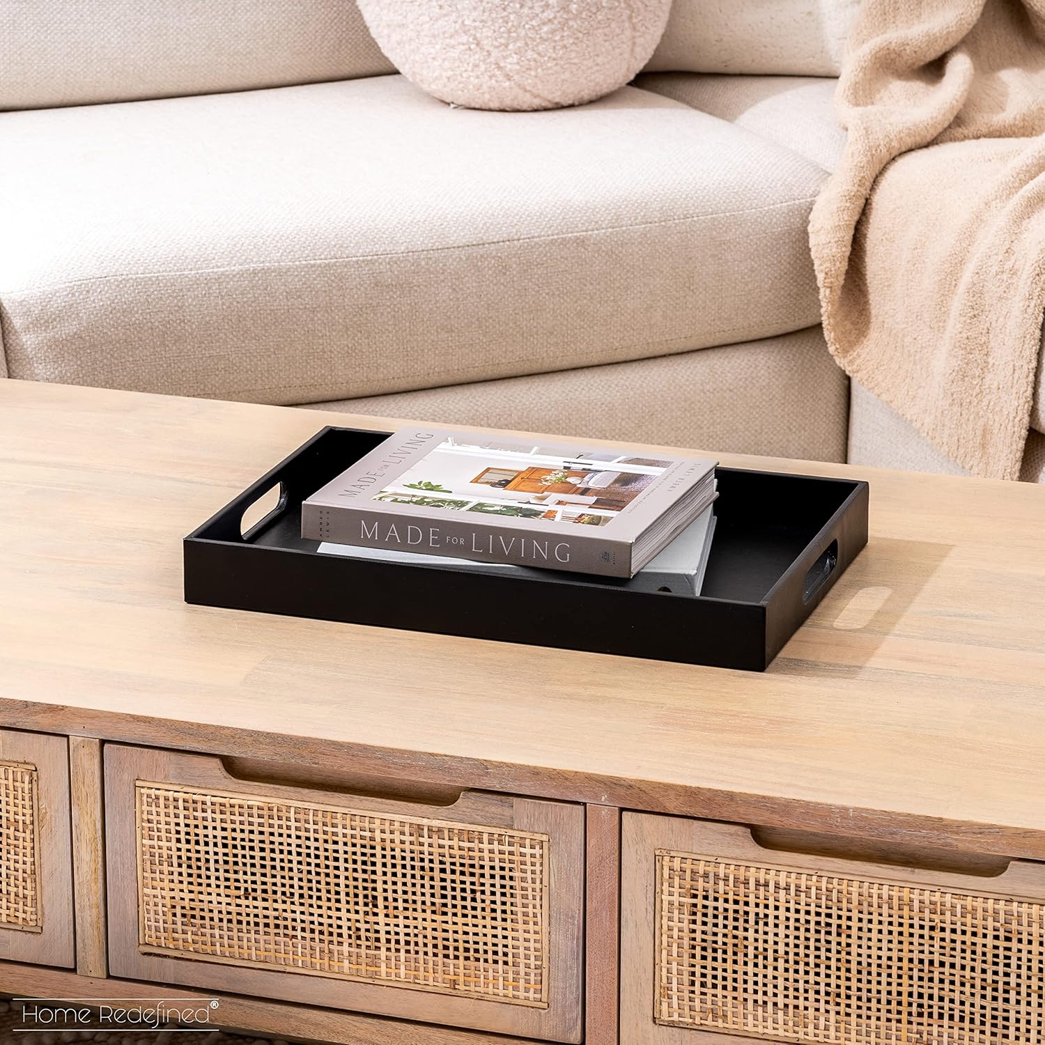 Beautiful Modern Elegant 17.5"x12" Rectangle Classic Black Faux Leather Decorative Tray Ottoman Coffee Table Perfume Living Room Kitchen Serving Tray with Handles for All Occasion's - Image 2