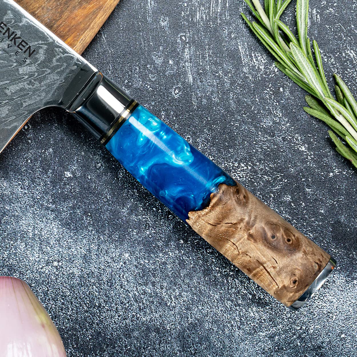 SENKEN Damascus Steel Chef's Knife - Tsunami Collection - 67-Layer Japanese VG10 Steel Core - Unique Blue Resin & Natural Wood Handle, Razor Sharp, Beautiful Damascus Wave Pattern (8" Chef's Knife) — Amazon image 7