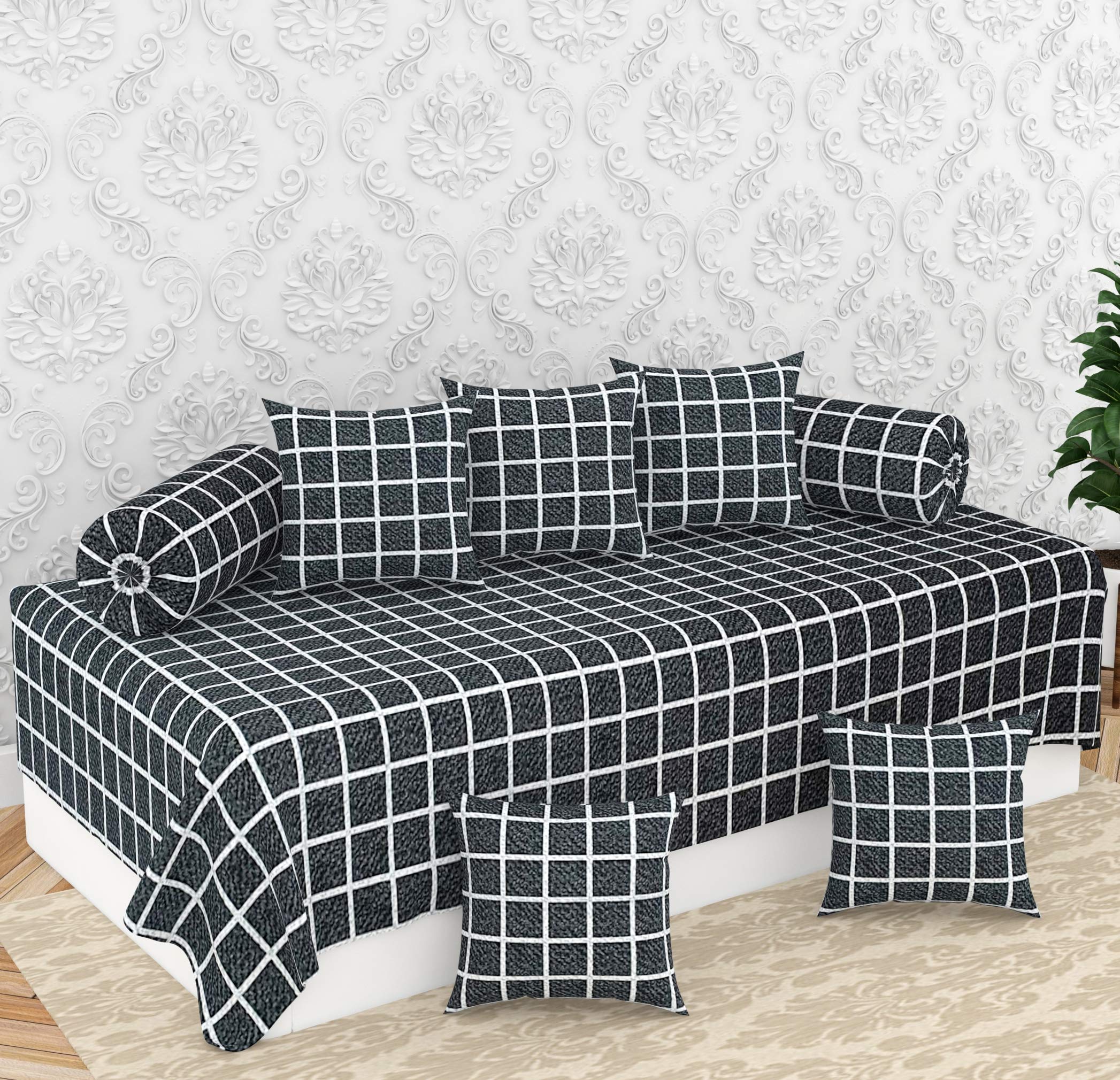 BROMWICK Checkered Printed Microfiber Diwan Single Bedsheet with 5 Cushions and 2 Bolster Covers (Black, Set of 8 Pieces)