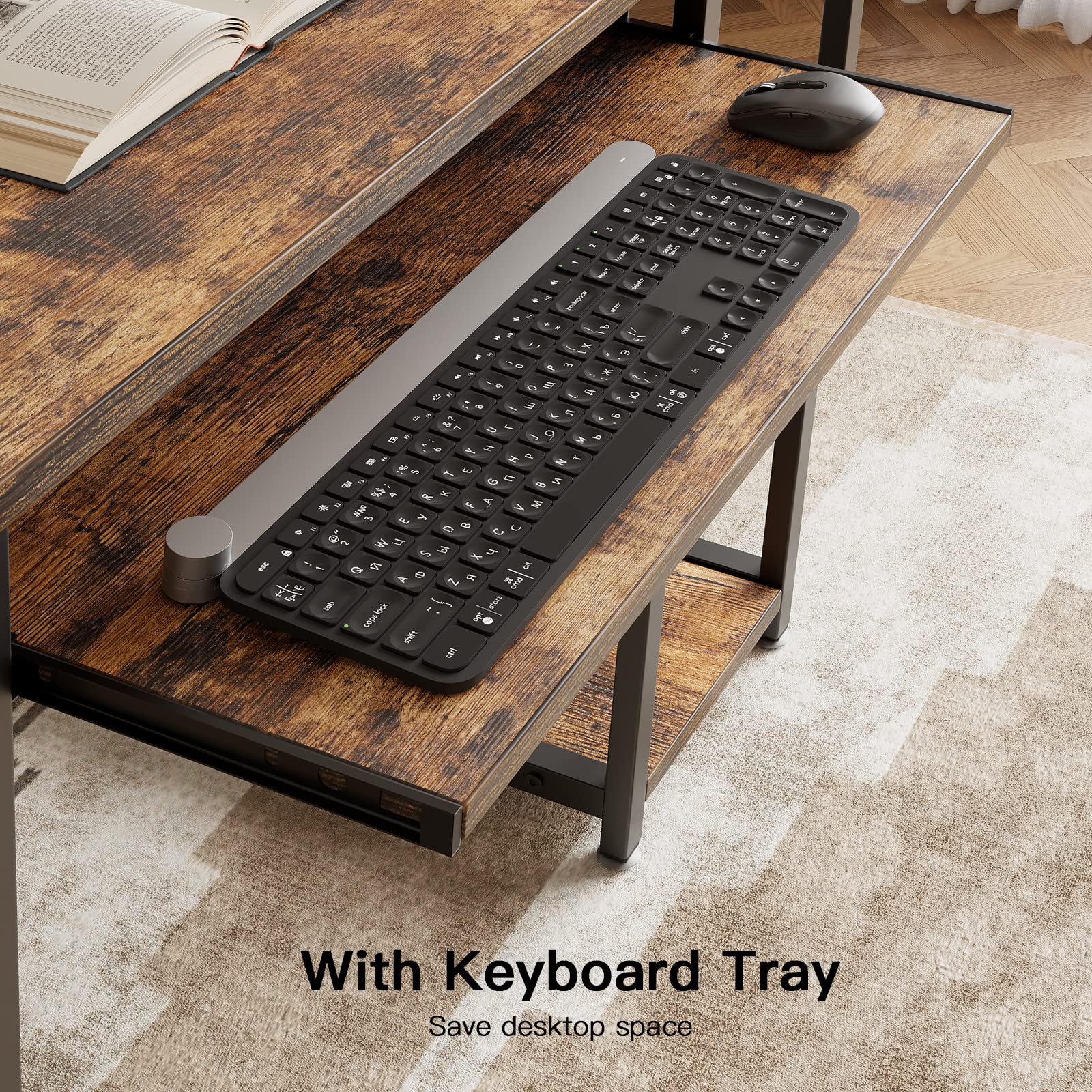 NOBLEWELL Computer Desk with Keyboard Tray, 47 inch Home Office Desk with Monitor Stand, Computer Table Desk with Storage Shelves, Modern Work Writing Desk (Rustic Brown)