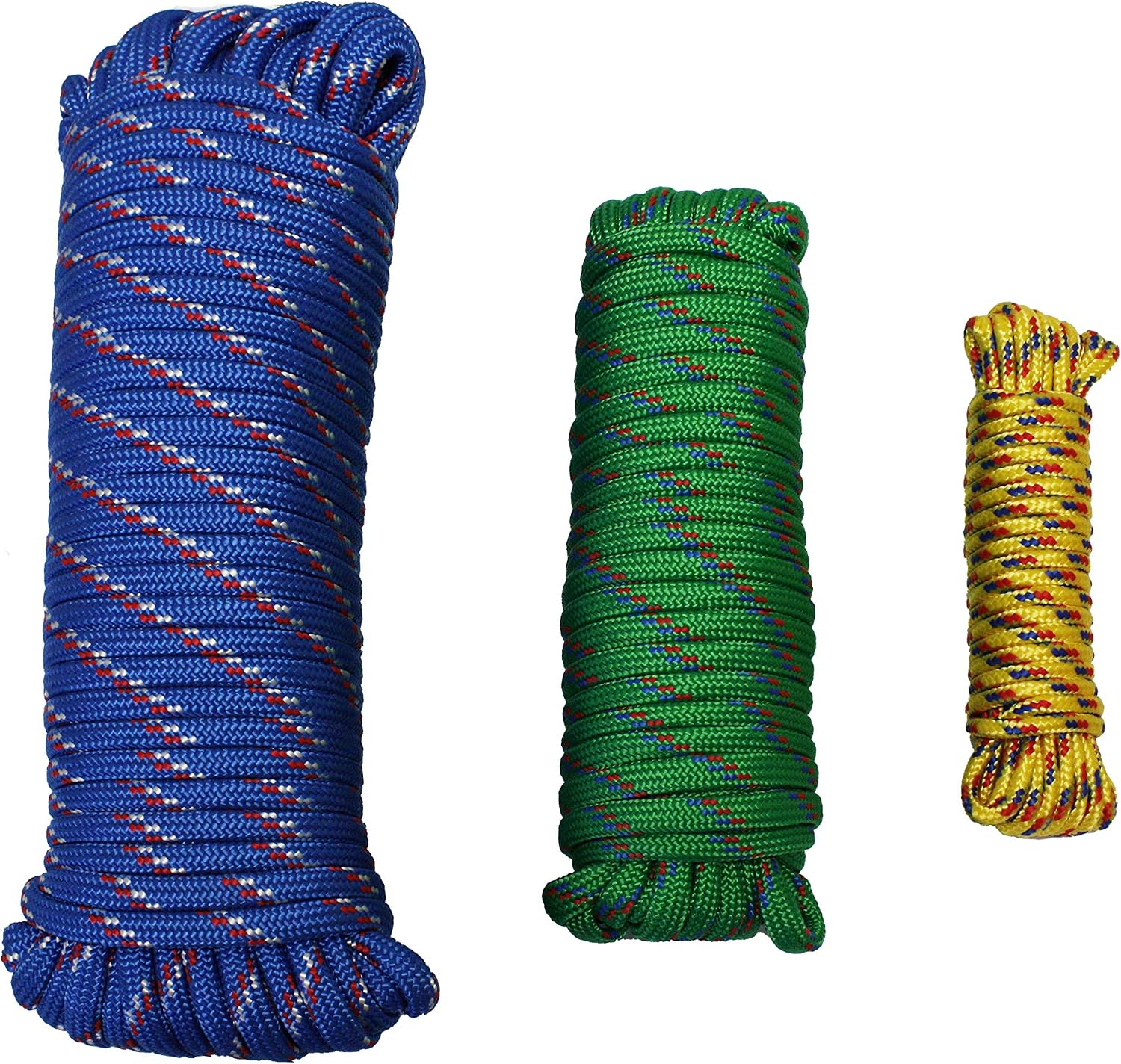 MaxxHaul 3-Pack of 1/4" x 25' 3/8" x 50' 1/2" x 100' 50229 Diamond Braided Rope Extra Strength-Sunlight and Weather Resistant, Multicolor, 175 Foot
