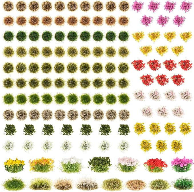 Draupnir 129 Pcs Static Grass Tuft Model Flower Vegetation Groups Self Adhesive Artificial Model Miniature Flowers Cluster for Train Landscape Terrain Railway Scenery Sand