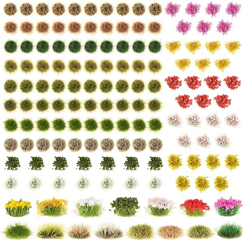 Draupnir 129 Pcs Static Grass Tuft Model Flower Vegetation Groups Self Adhesive Artificial Model Miniature Flowers Cluster for Train Landscape Terrain Railway Scenery Sand
