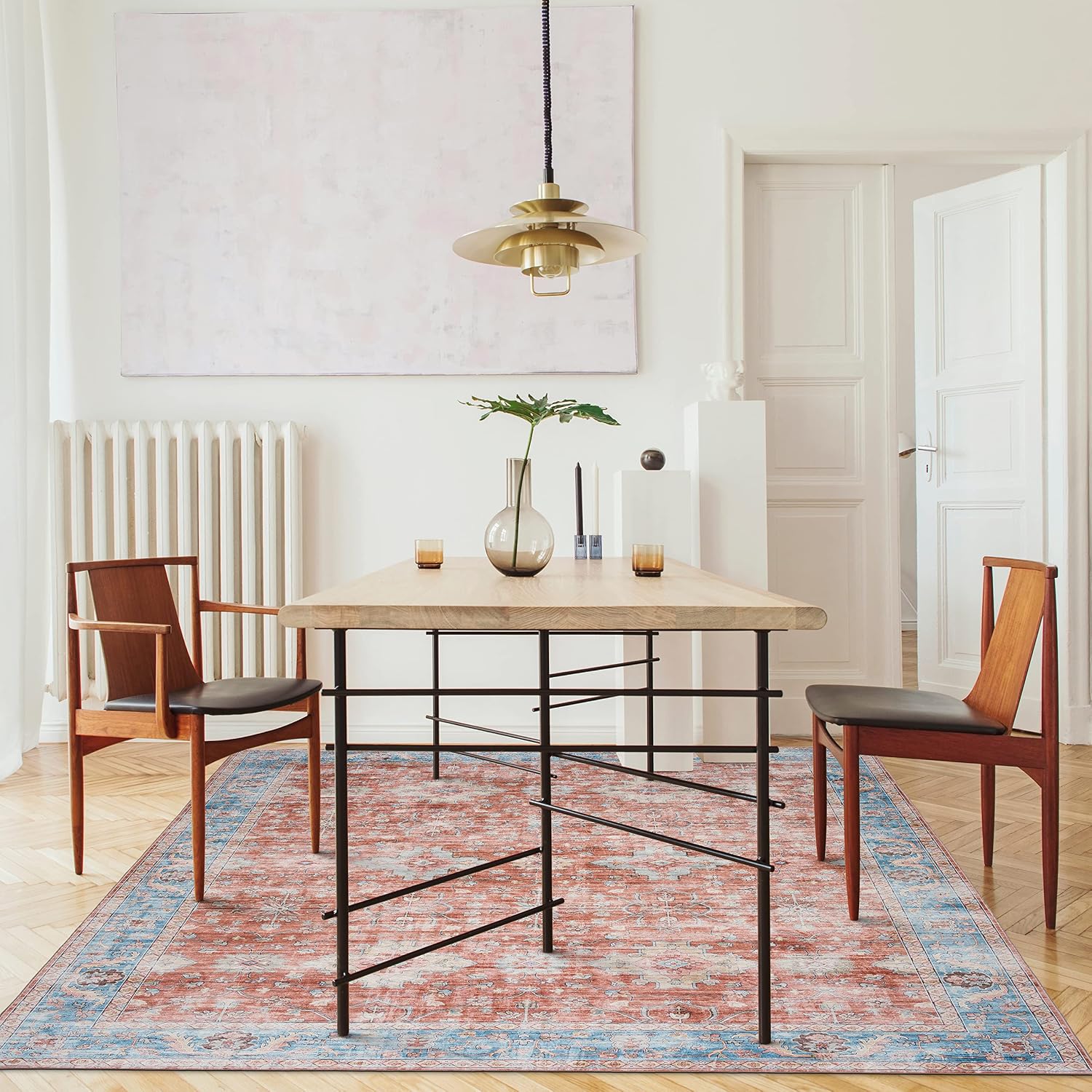 ReaLife Machine Washable Rug - Stain Resistant, Non-Shed - Eco-Friendly, Non-Slip, Family & Pet Friendly - Made from Premium Recycled Fibers - Distressed Boho Border - Terra Cotta Light Blue - 5' x 7'